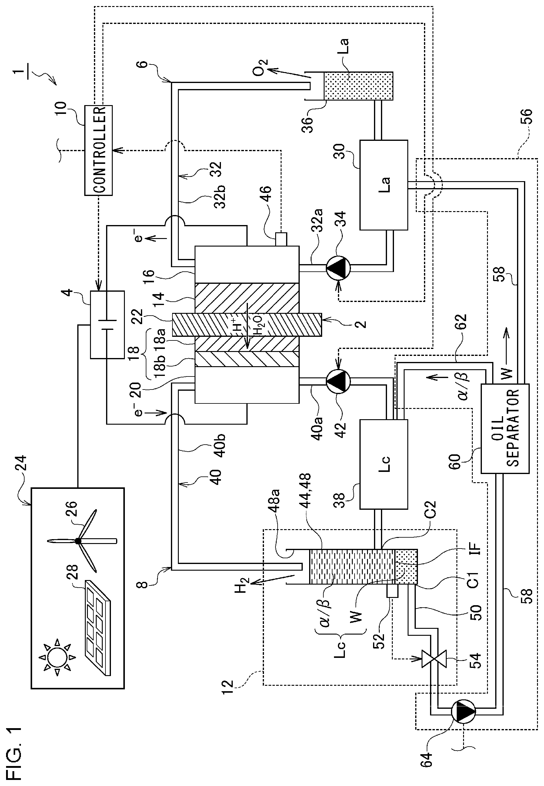 Patent US12297551 Figure 1 – Organic hydride production device and method for reusing dragged water