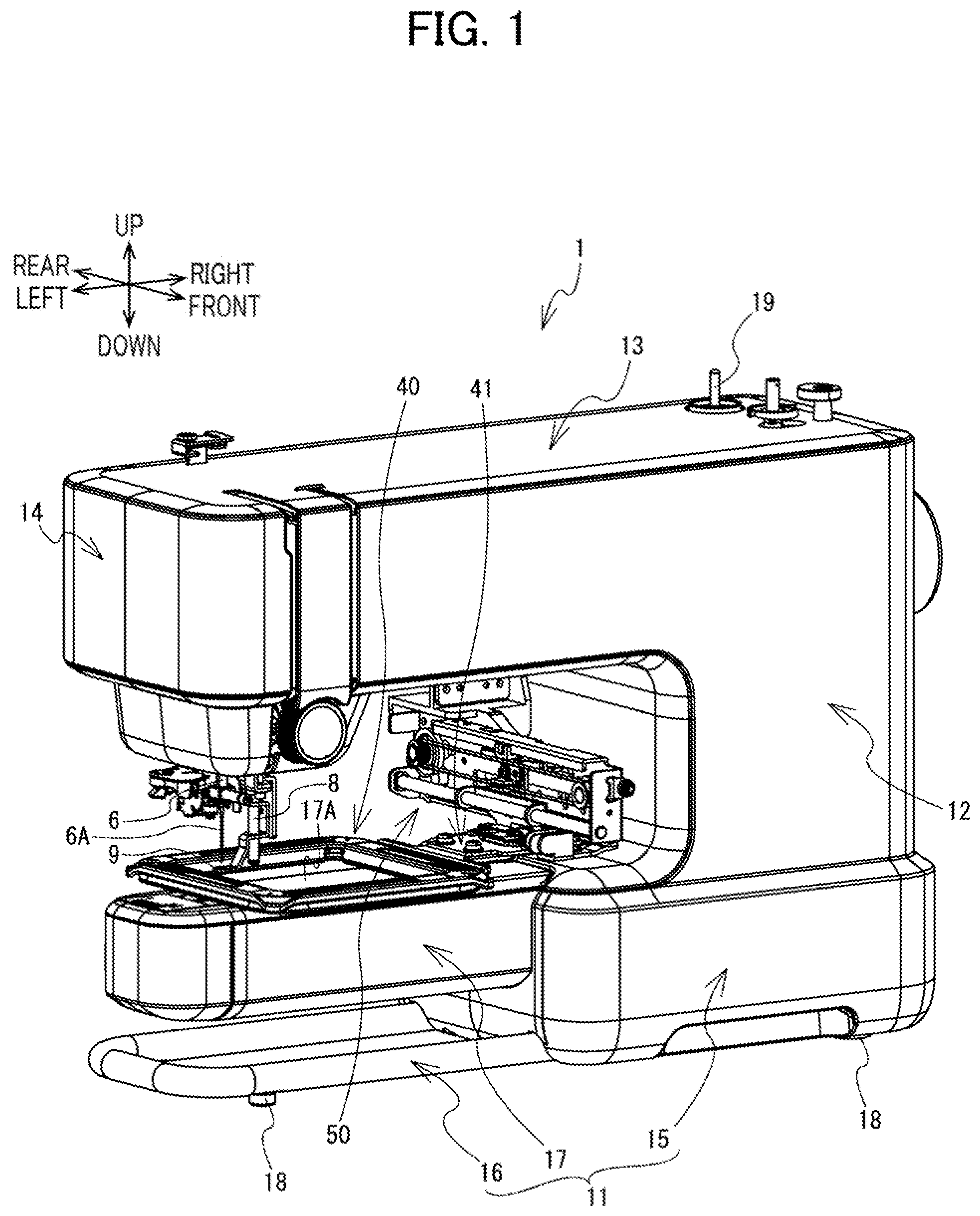 Patent US12297574 Figure 1 – Embroidery sewing machine including carriage for moving embroidery frame attached thereto