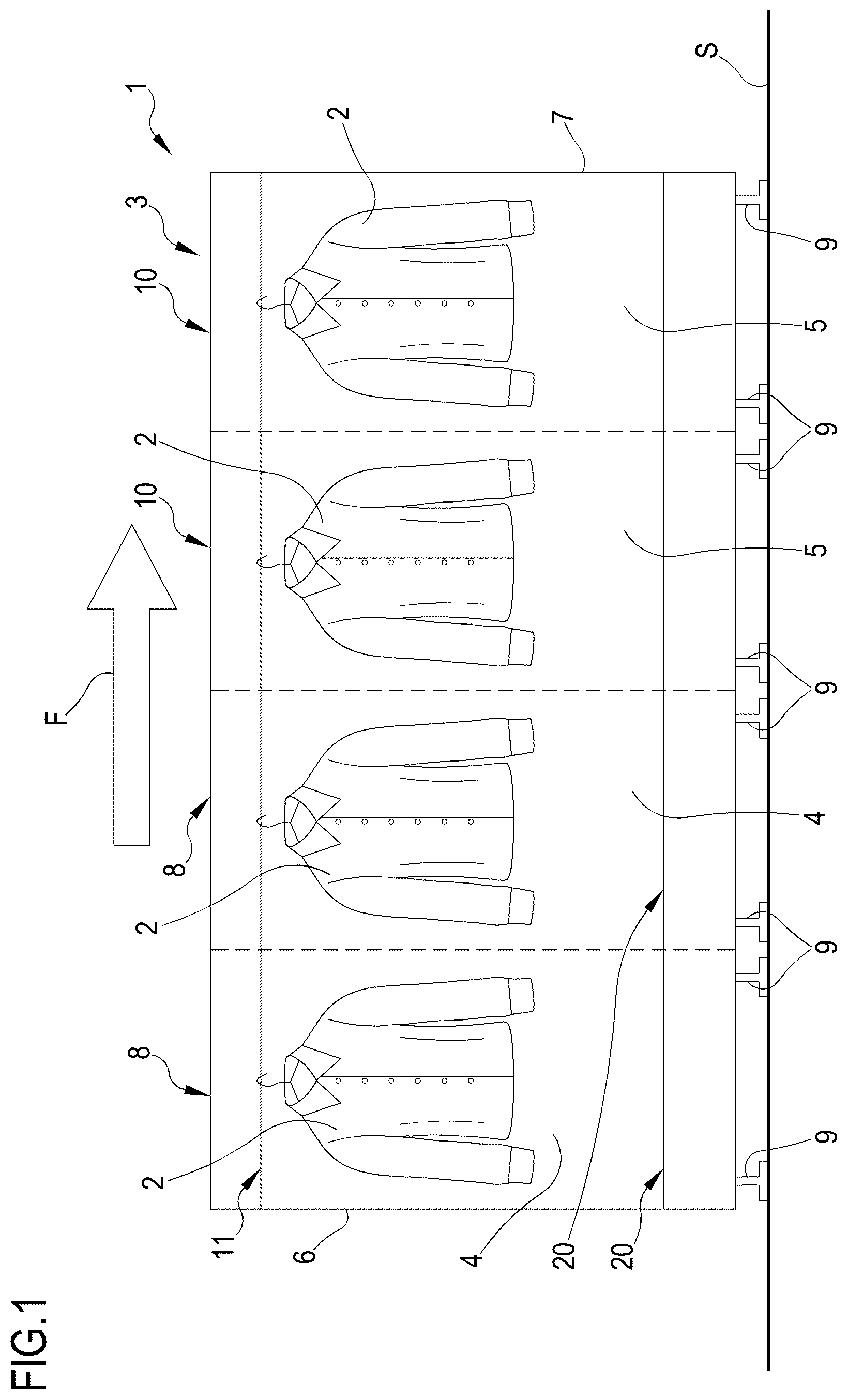 Patent US12297587 Figure 1 – Finishing tunnel for ironing dry garments and similar products