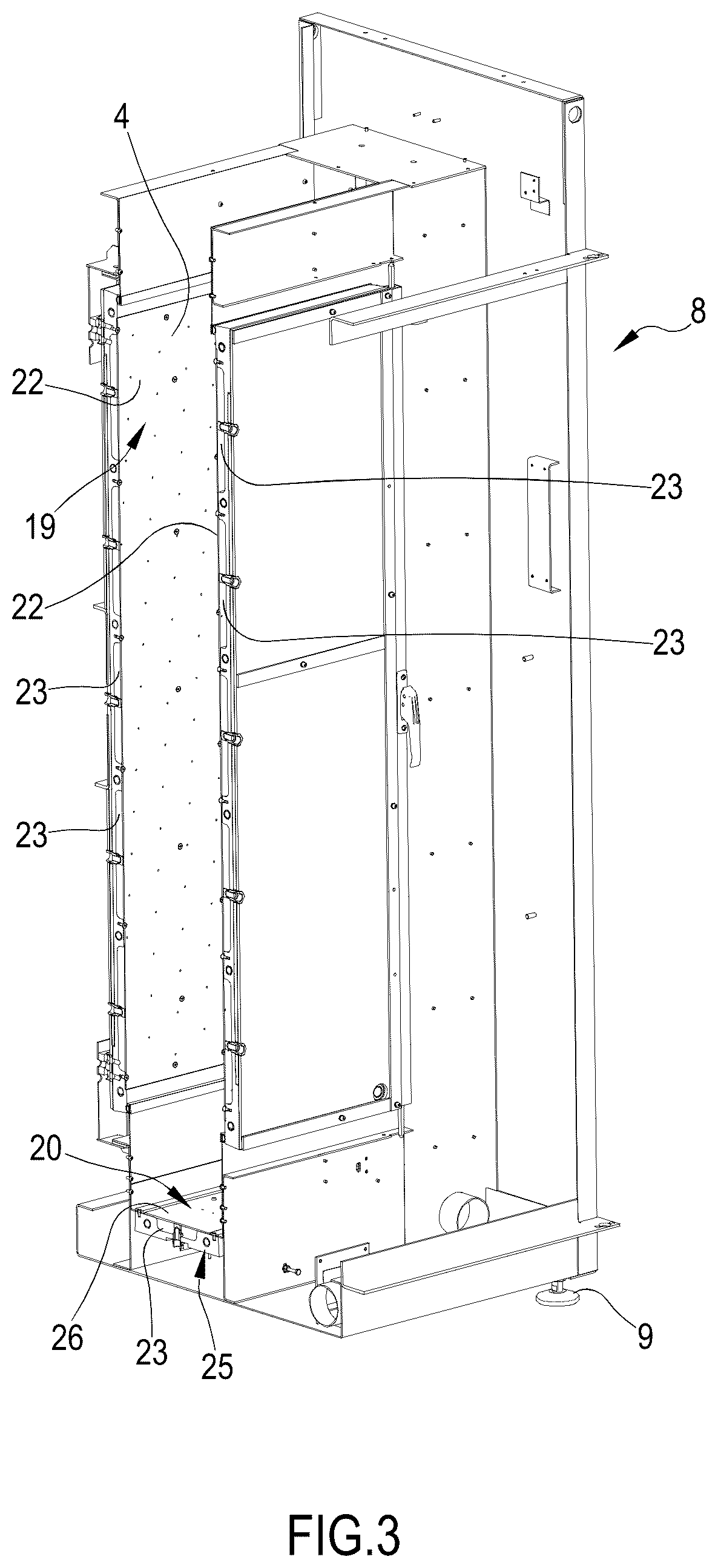 Patent US12297587 Figure 3 – Finishing tunnel for ironing dry garments and similar products