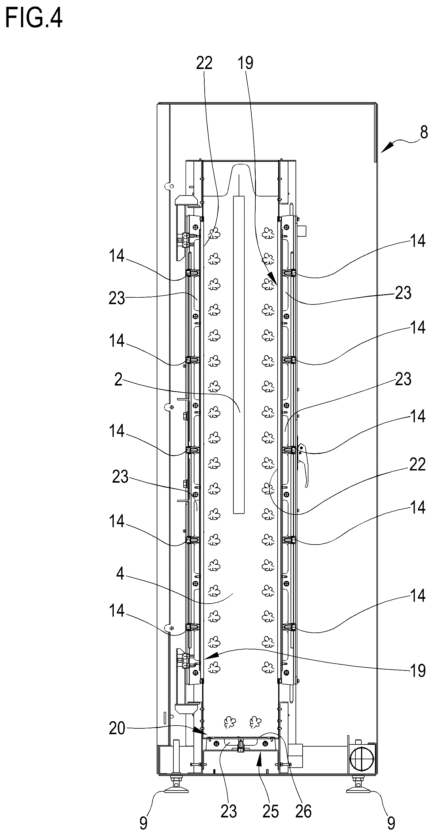 Patent US12297587 Figure 4 – Finishing tunnel for ironing dry garments and similar products