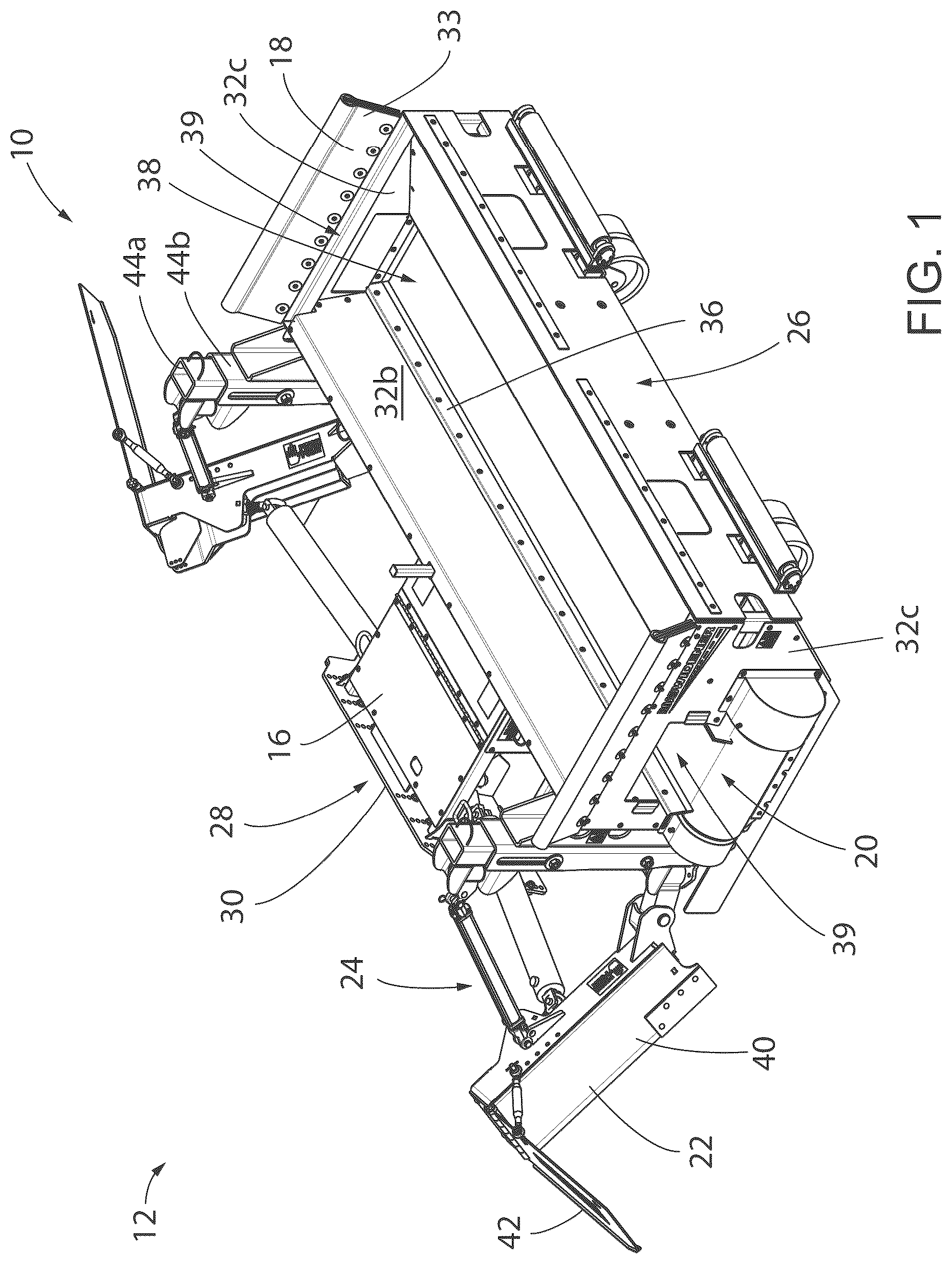 Patent US12297606 Figure 1 – Aggregate spreading device with spreader system