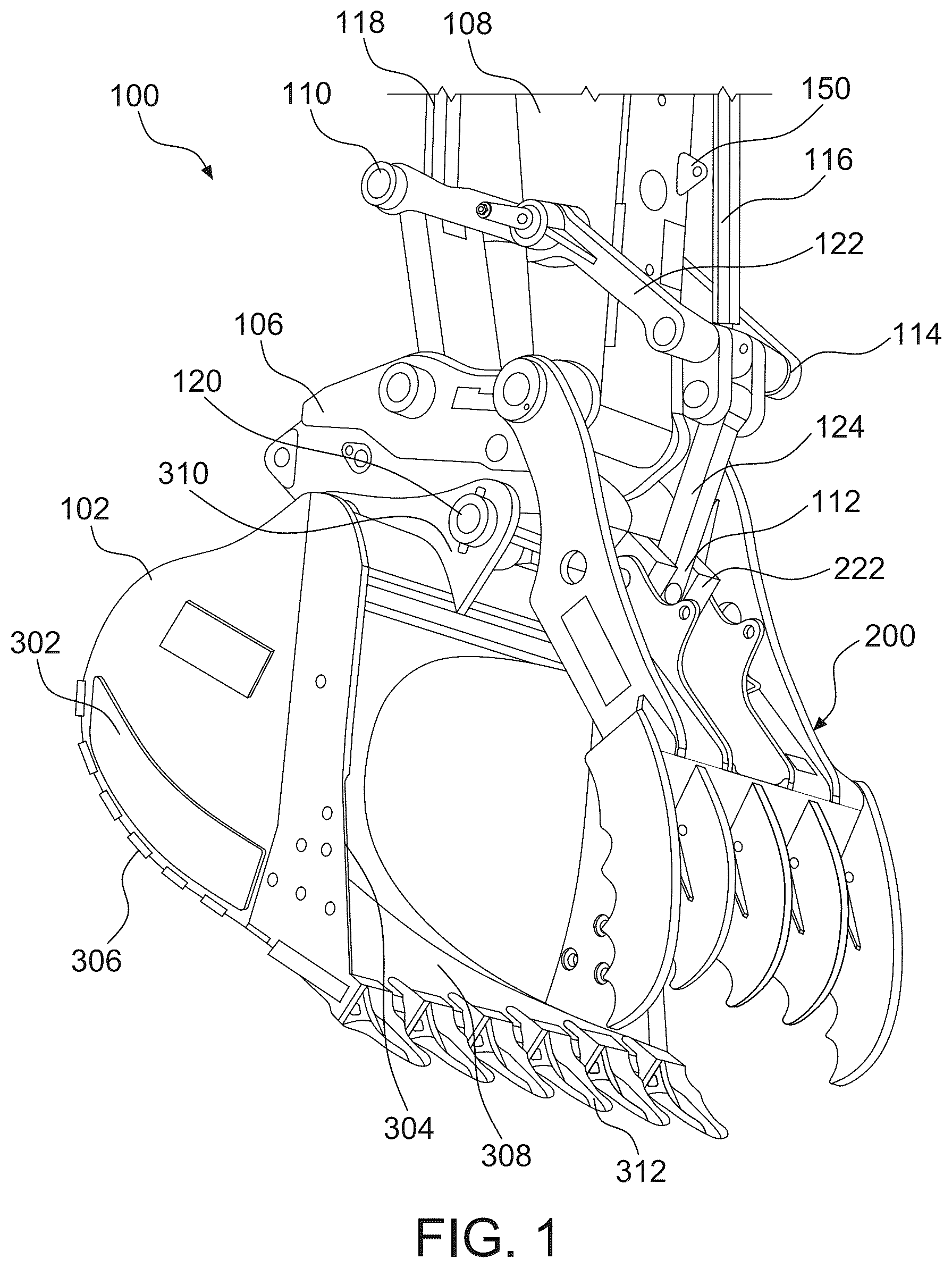 Patent US12297619 Figure 1 – Modular hydraulic thumb for excavator