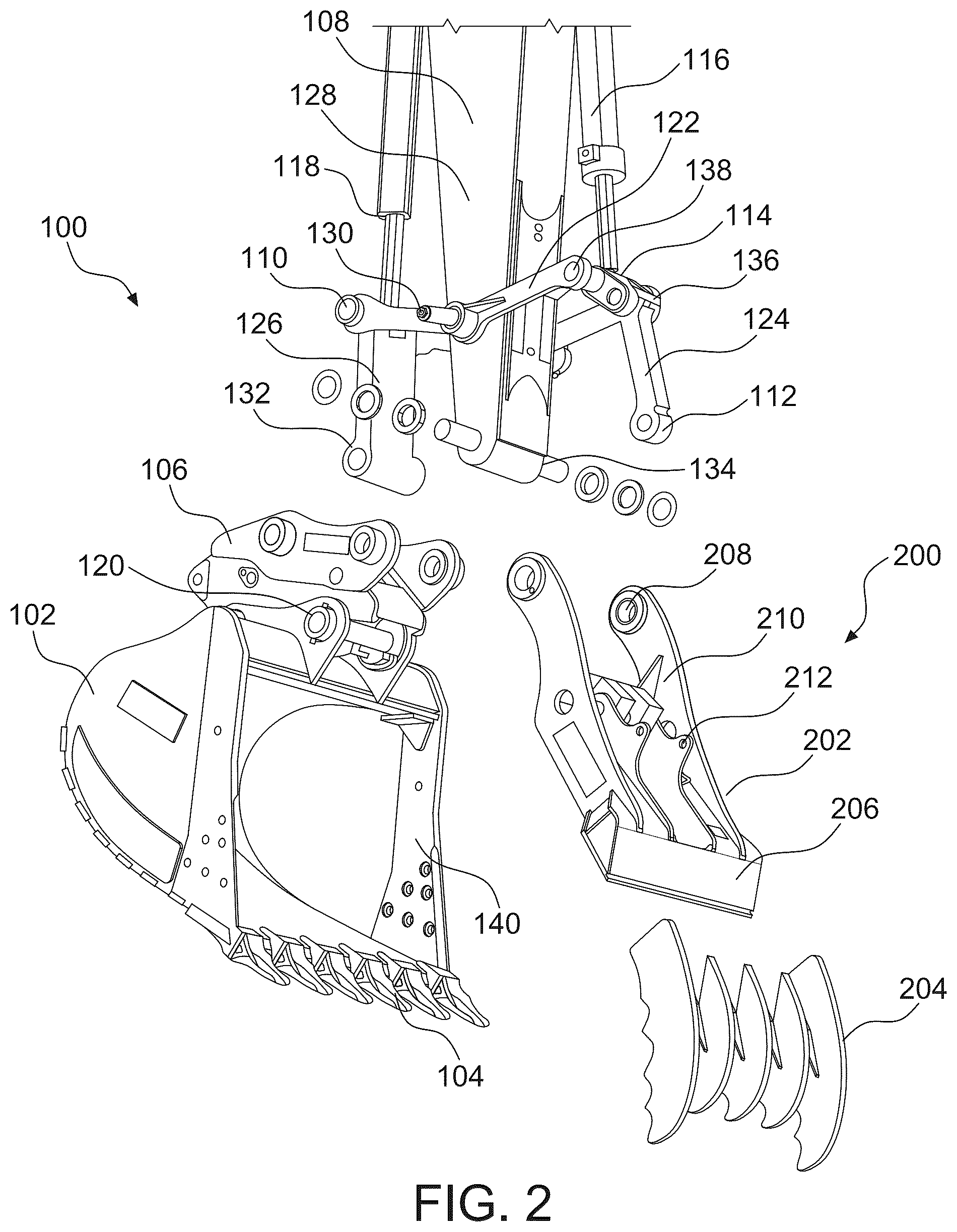 Patent US12297619 Figure 2 – Modular hydraulic thumb for excavator