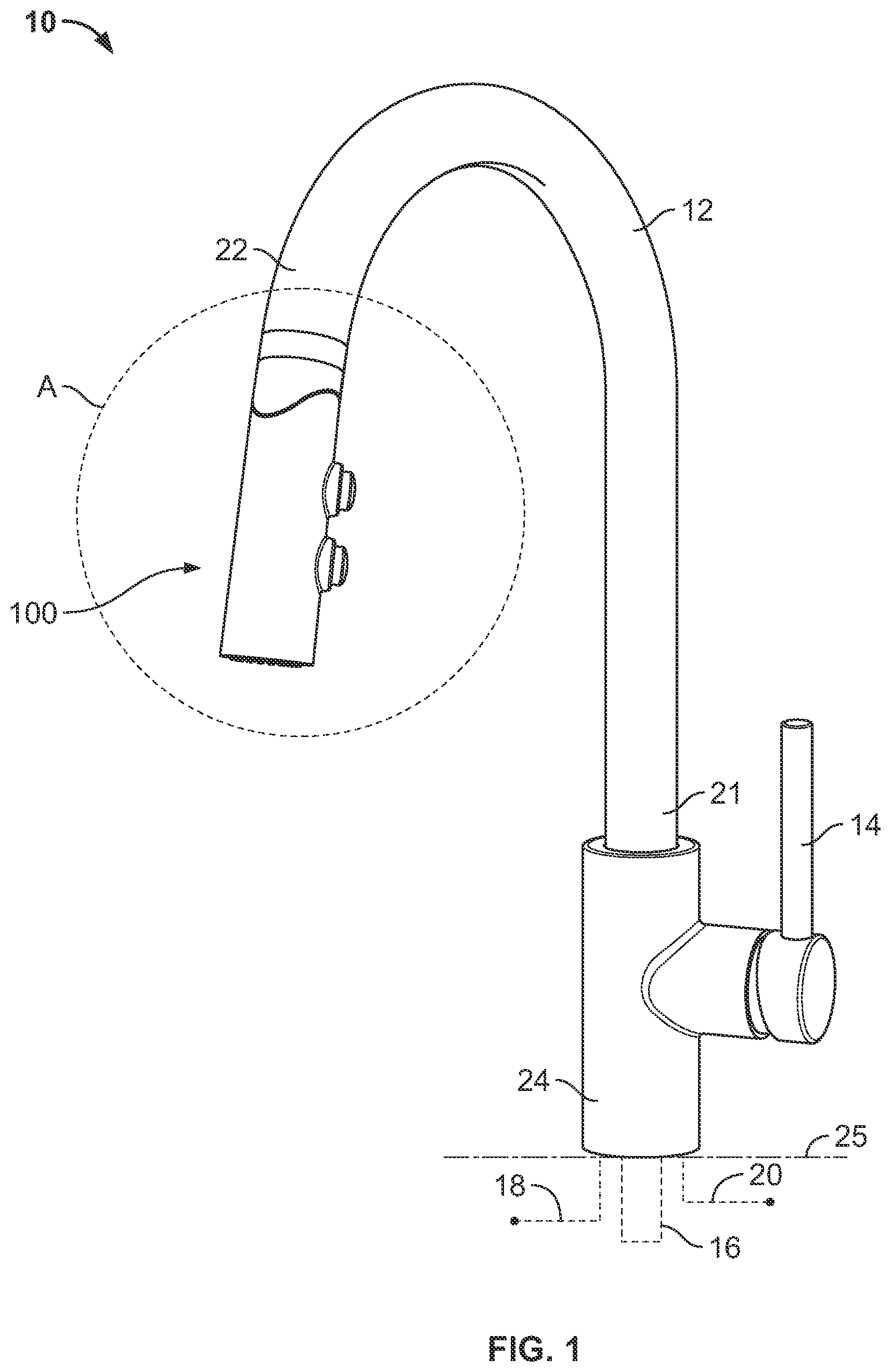 Patent US12297630 Figure 1 – Pivoting spray head faucet