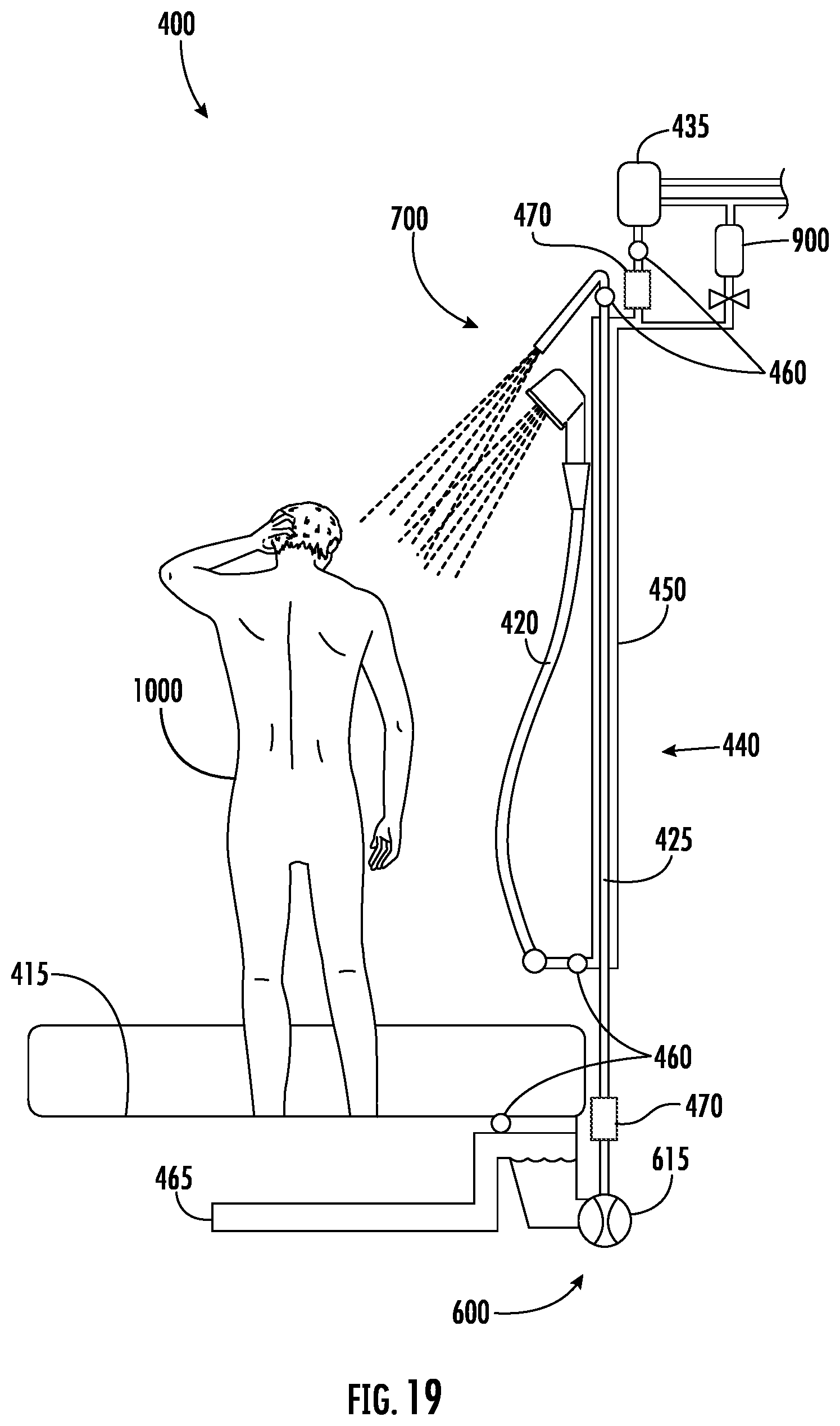 Patent US12297631 Figure 13 – Recirculating shower system