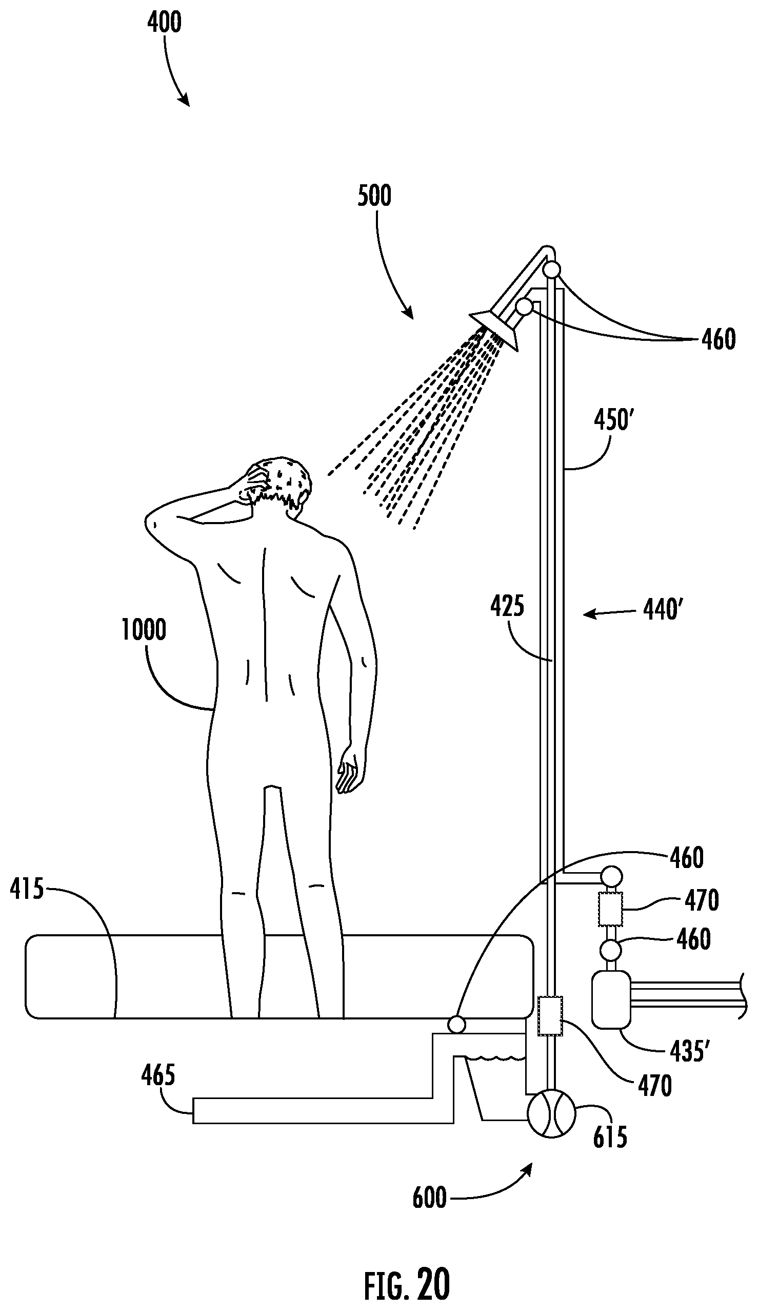 Patent US12297631 Figure 14 – Recirculating shower system