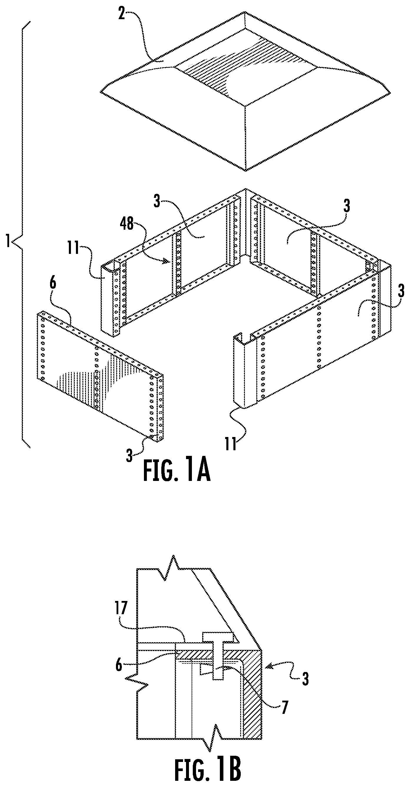 Patent US12297652 Figure 1 – Formwork mechanism for casting and moulding concrete, comprising a coffer with a sheet and four plates arranged around the sheet's perimeter
