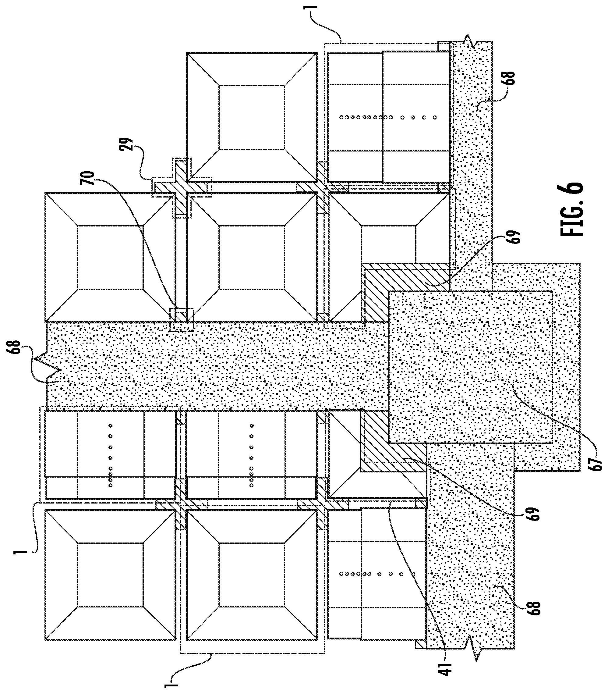 Patent US12297652 Figure 9 – Formwork mechanism for casting and moulding concrete, comprising a coffer with a sheet and four plates arranged around the sheet's perimeter