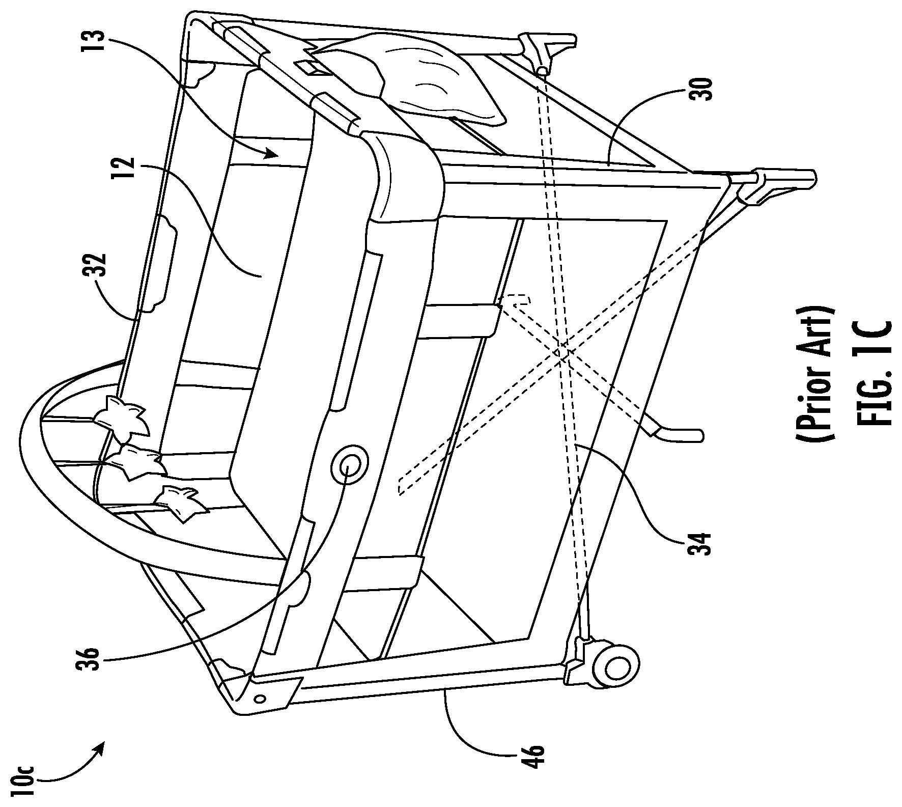 Patent US12297656 Figure 3 – Foldable playard having X-frame assemblies, oval-shaped leg assemblies, and canopy cover