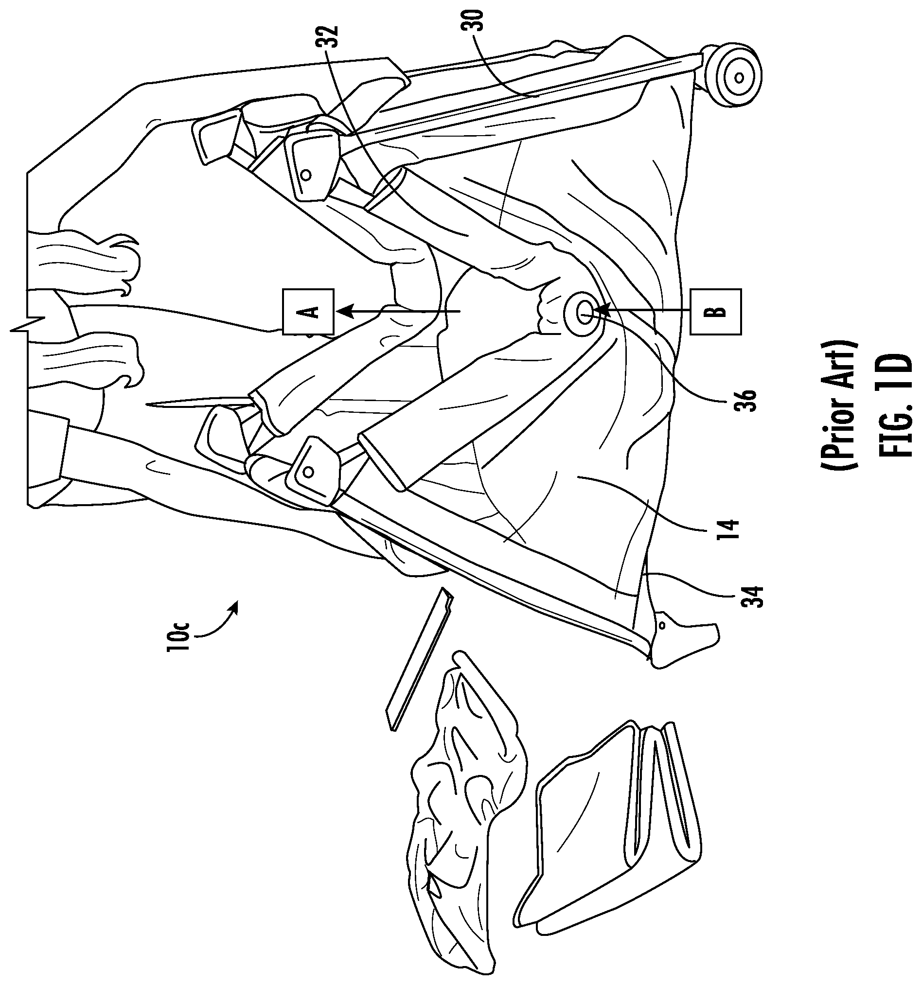 Patent US12297656 Figure 4 – Foldable playard having X-frame assemblies, oval-shaped leg assemblies, and canopy cover