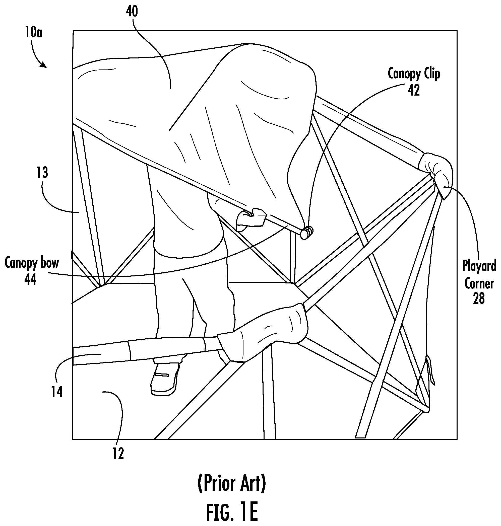 Patent US12297656 Figure 5 – Foldable playard having X-frame assemblies, oval-shaped leg assemblies, and canopy cover