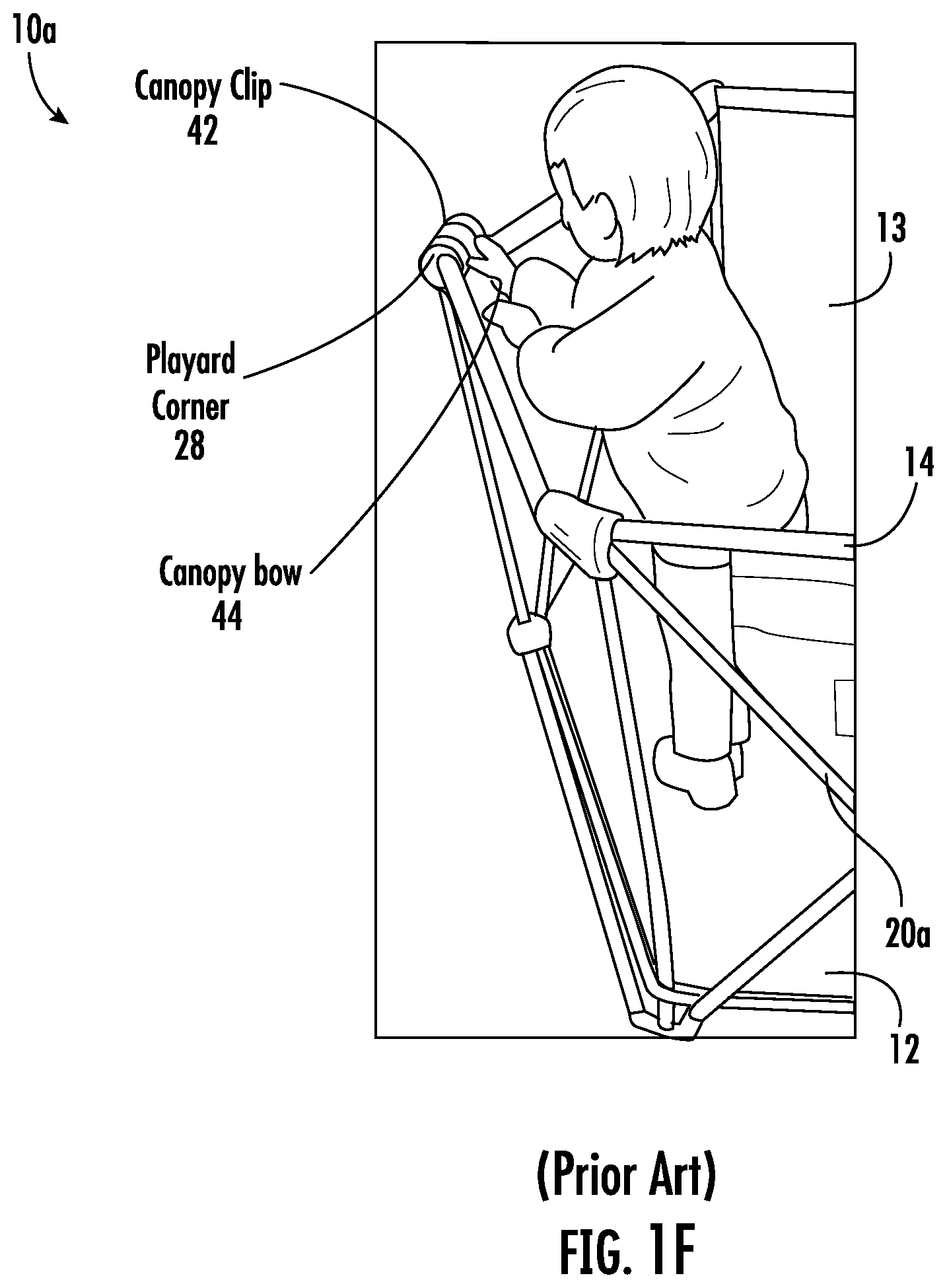 Patent US12297656 Figure 6 – Foldable playard having X-frame assemblies, oval-shaped leg assemblies, and canopy cover
