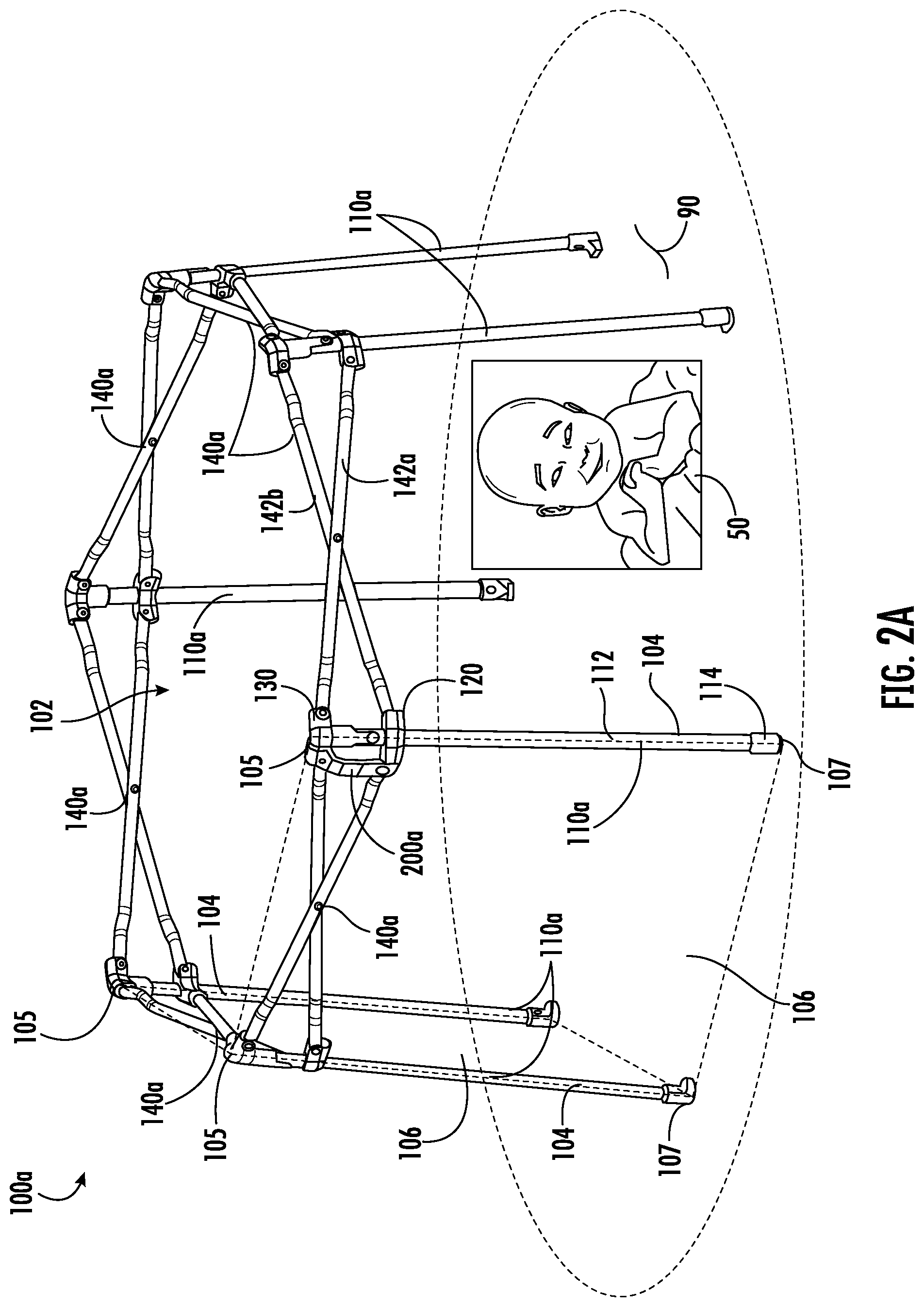 Patent US12297656 Figure 7 – Foldable playard having X-frame assemblies, oval-shaped leg assemblies, and canopy cover