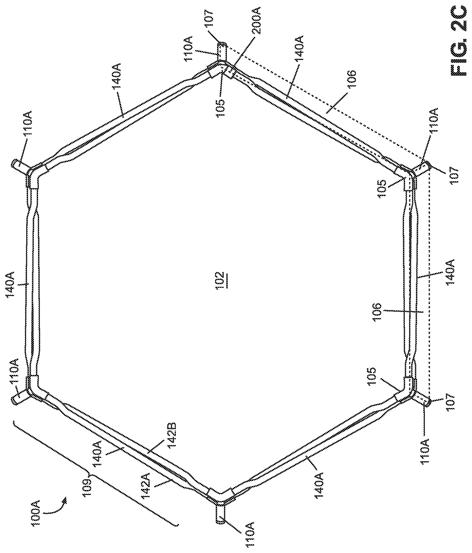 Patent US12297656 Figure 9 – Foldable playard having X-frame assemblies, oval-shaped leg assemblies, and canopy cover
