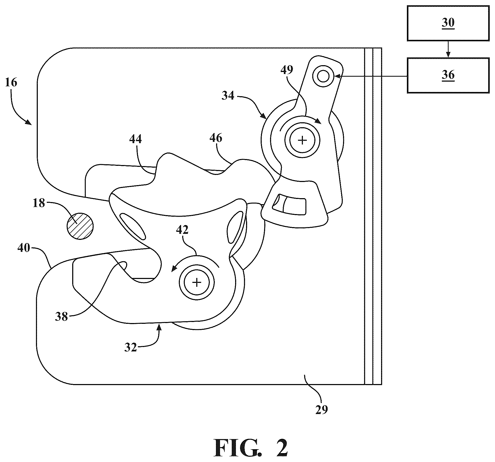 Patent US12297669 Figure 2 – Closure latch assembly with power-operated actuator providing multiple powered functions
