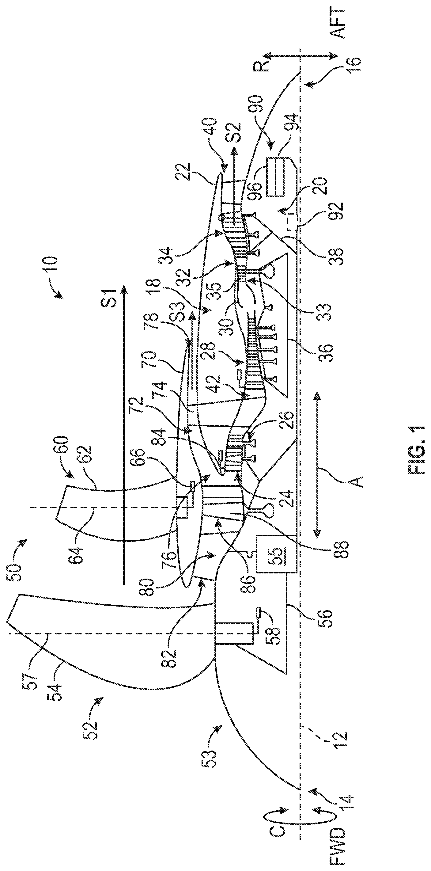 Patent US12297743 — Gas turbine engine having a sensor assembly to detect torsional vibration — Figure 1