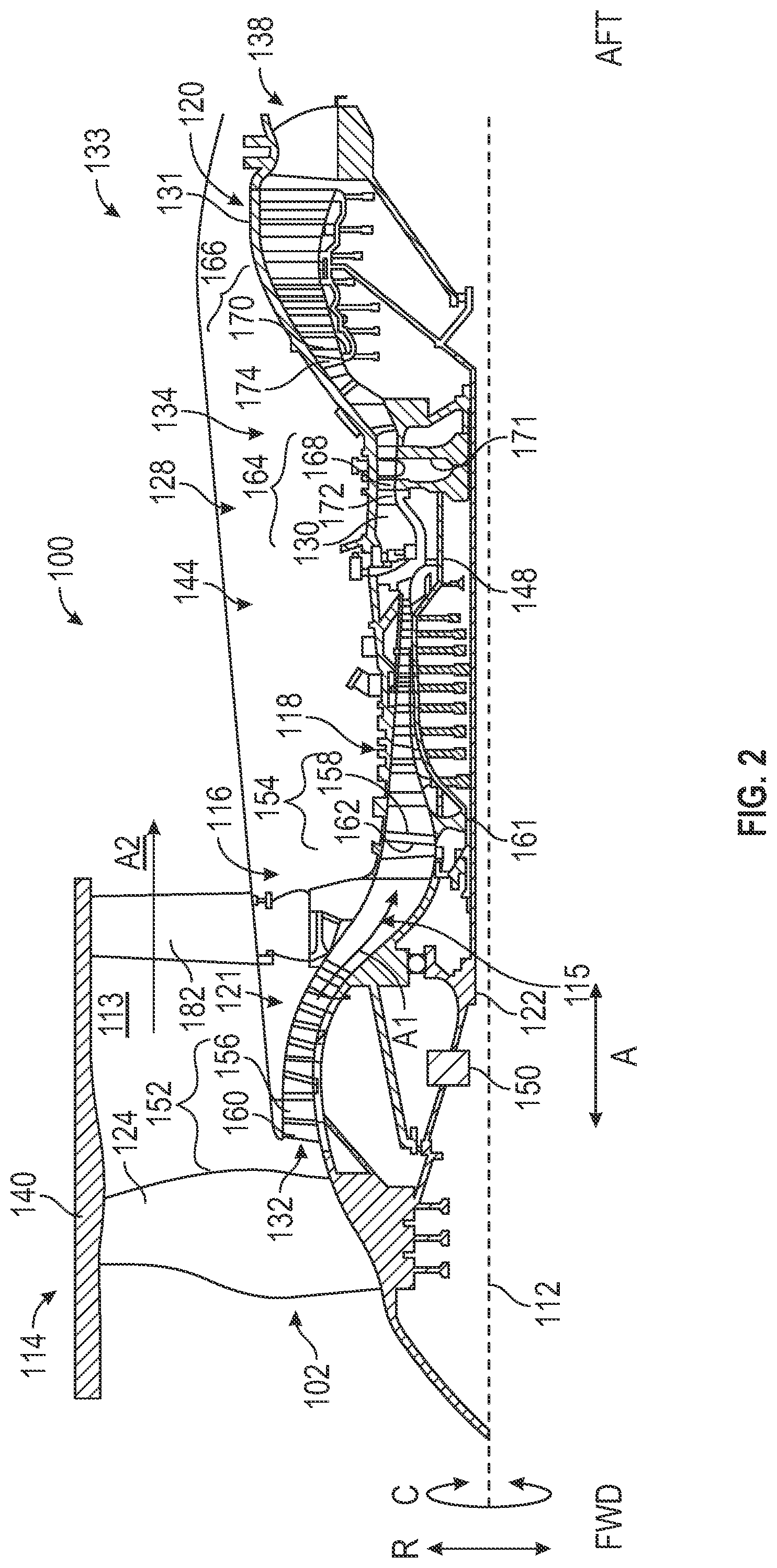 Patent US12297743 Figure 2 – Gas turbine engine having a sensor assembly to detect torsional vibration