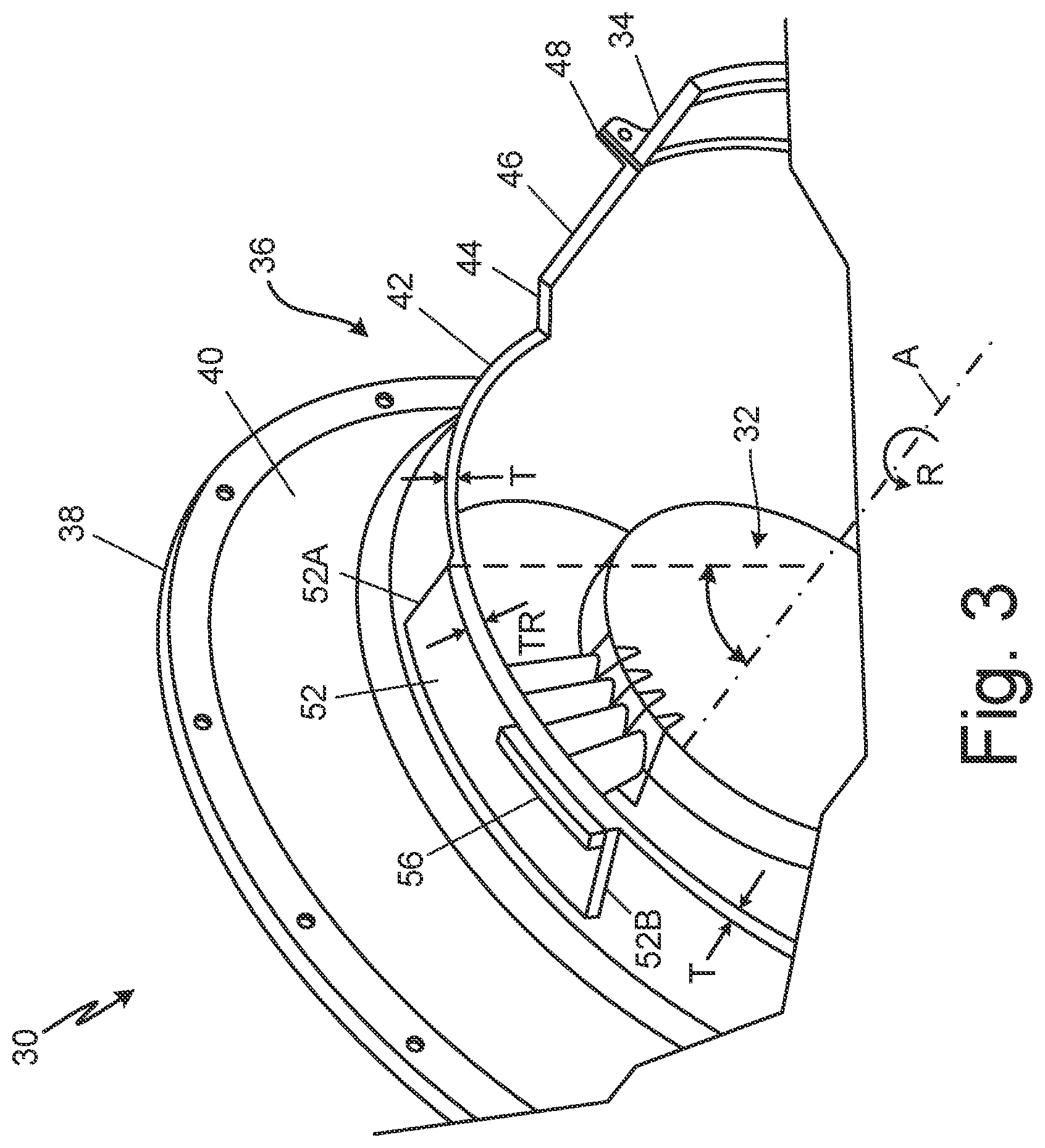 Patent US12297744 Figure 3 – Containment engine case with local features and outer surface reinforcement section