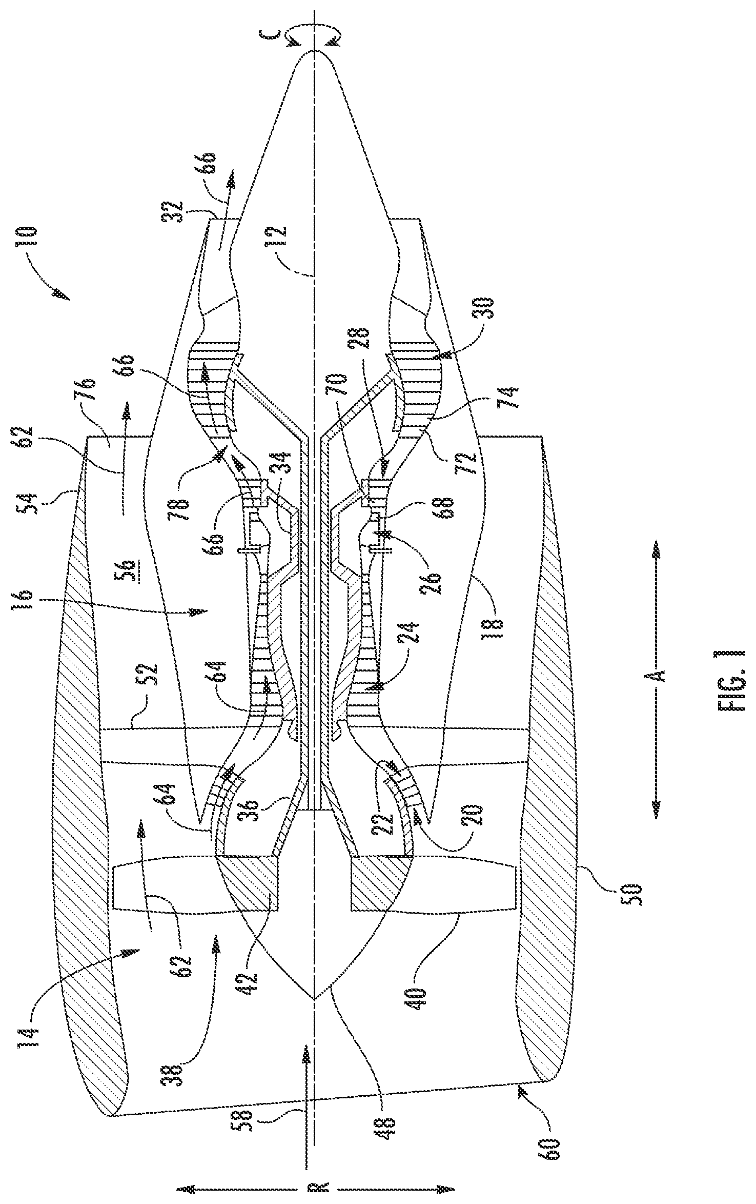 Patent US12297751 Figure 1 – Turbine engine with composite airfoil having a non-metallic leading edge protective wrap
