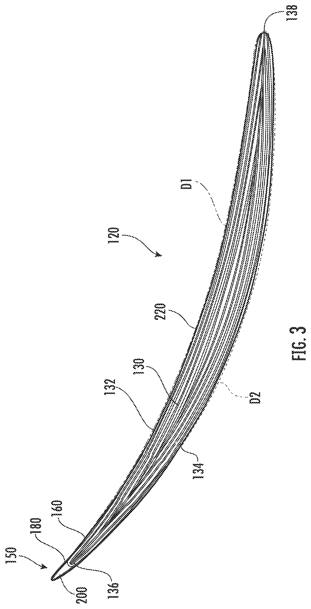Patent US12297751 Figure 3 – Turbine engine with composite airfoil having a non-metallic leading edge protective wrap