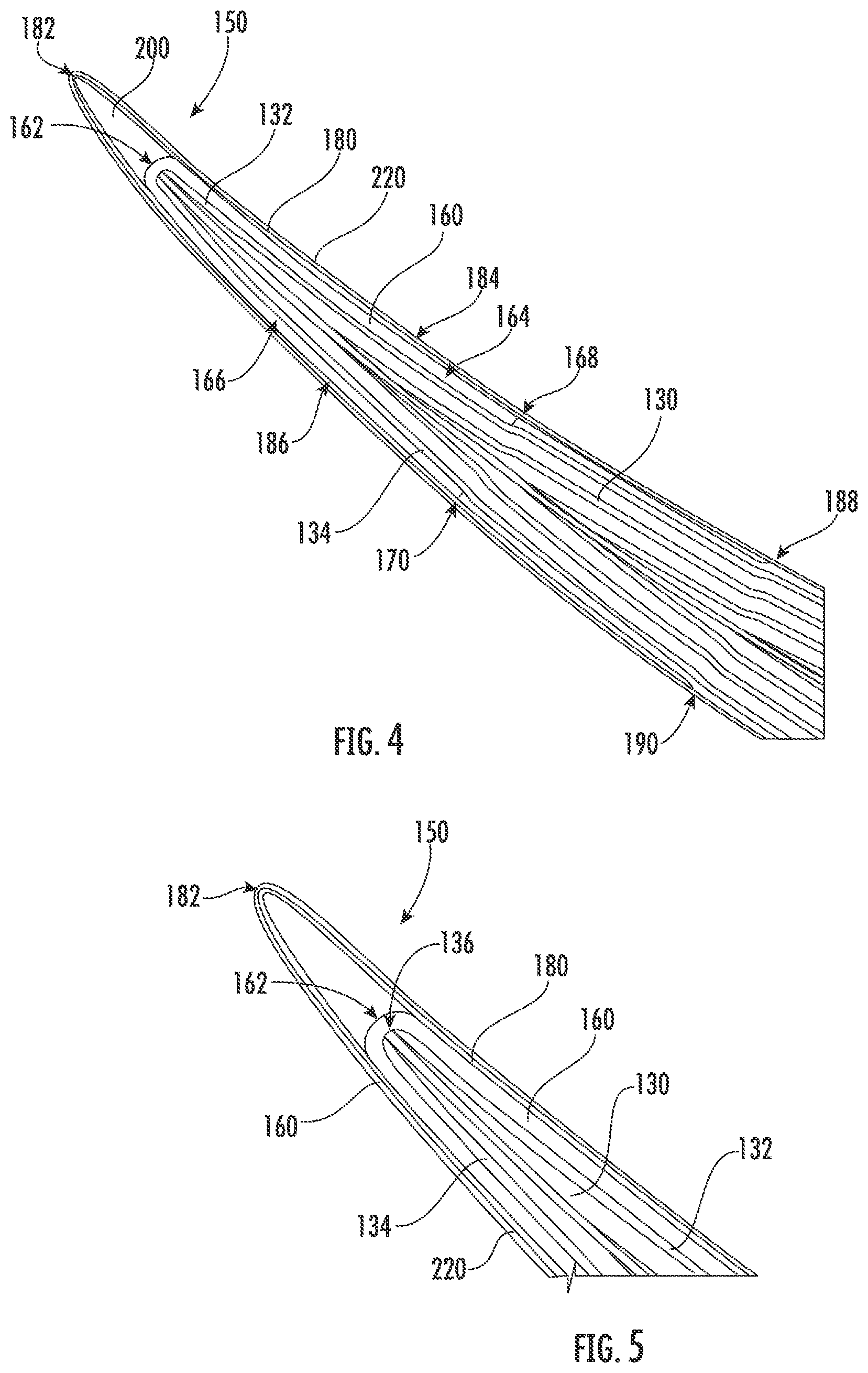 Patent US12297751 Figure 4 – Turbine engine with composite airfoil having a non-metallic leading edge protective wrap