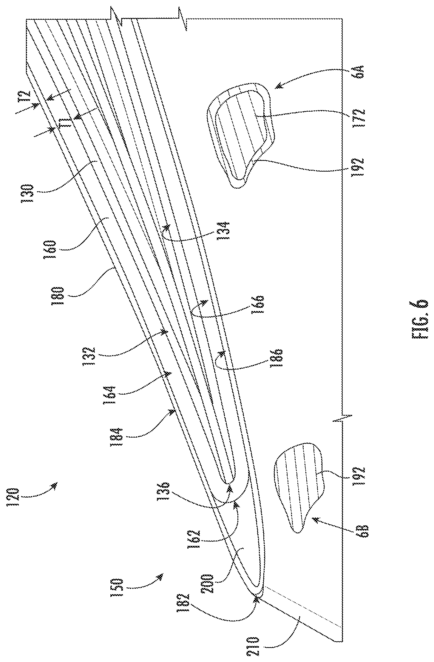 Patent US12297751 Figure 5 – Turbine engine with composite airfoil having a non-metallic leading edge protective wrap