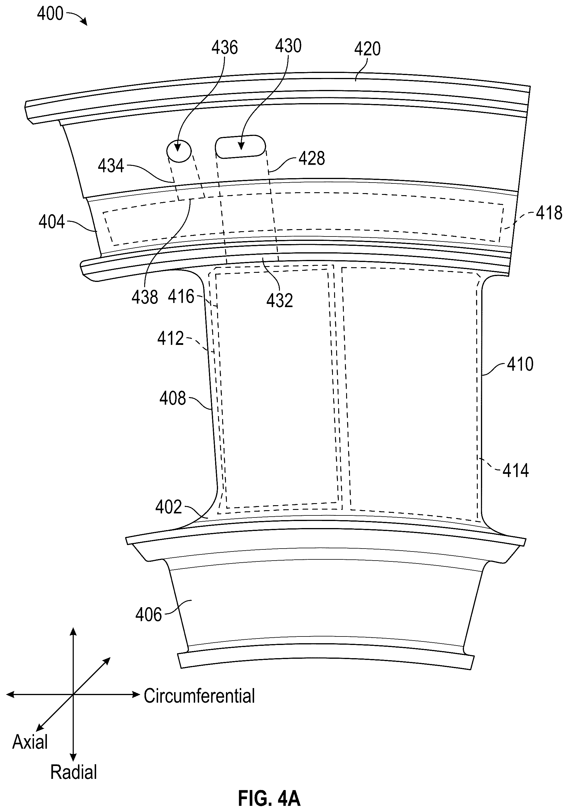 Patent US12297752 Figure 4 – Vane forward rail for gas turbine engine assembly