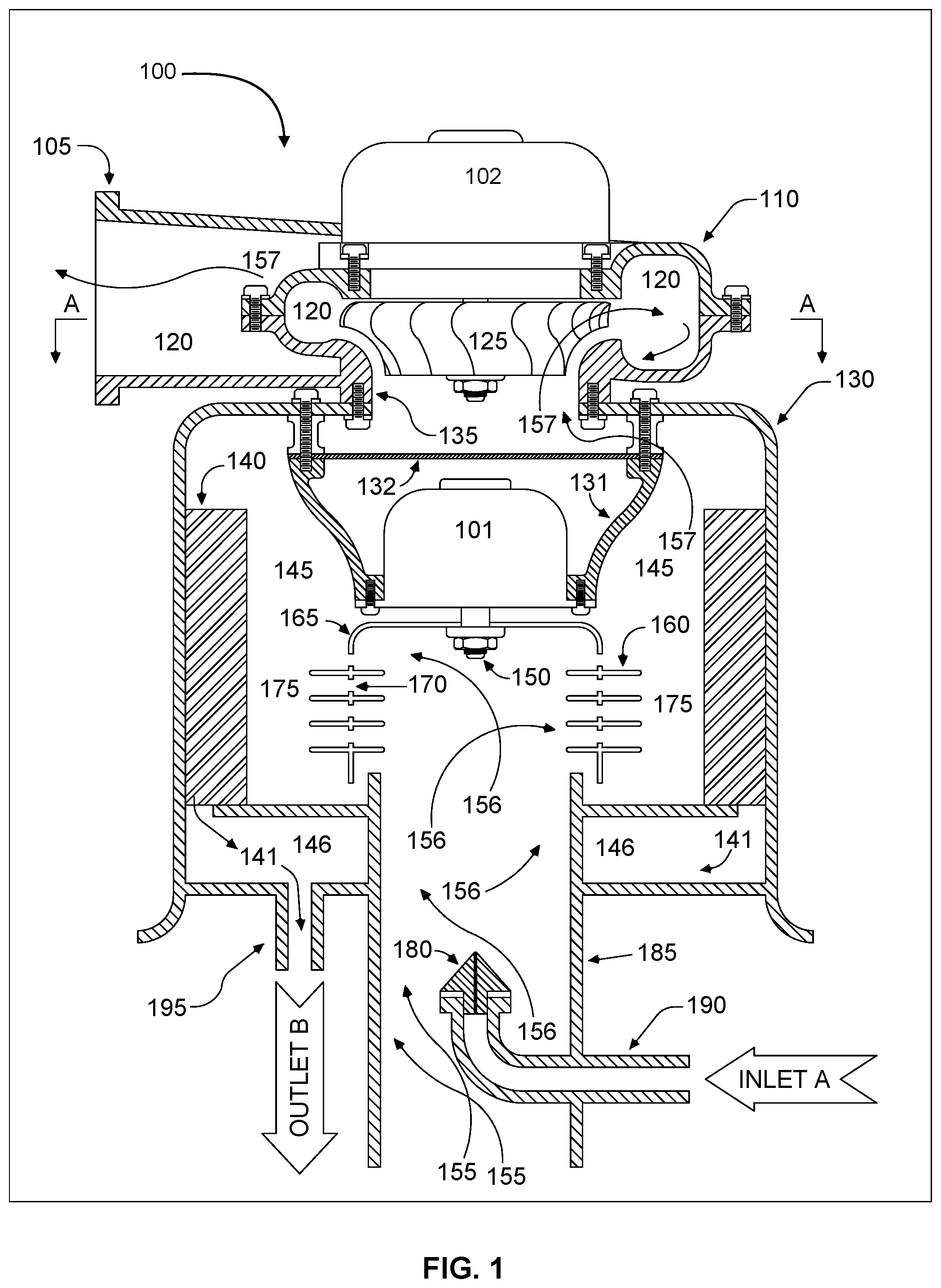 Patent US12297762 Figure 1 – Hydroactive vortex scrubber and reactor