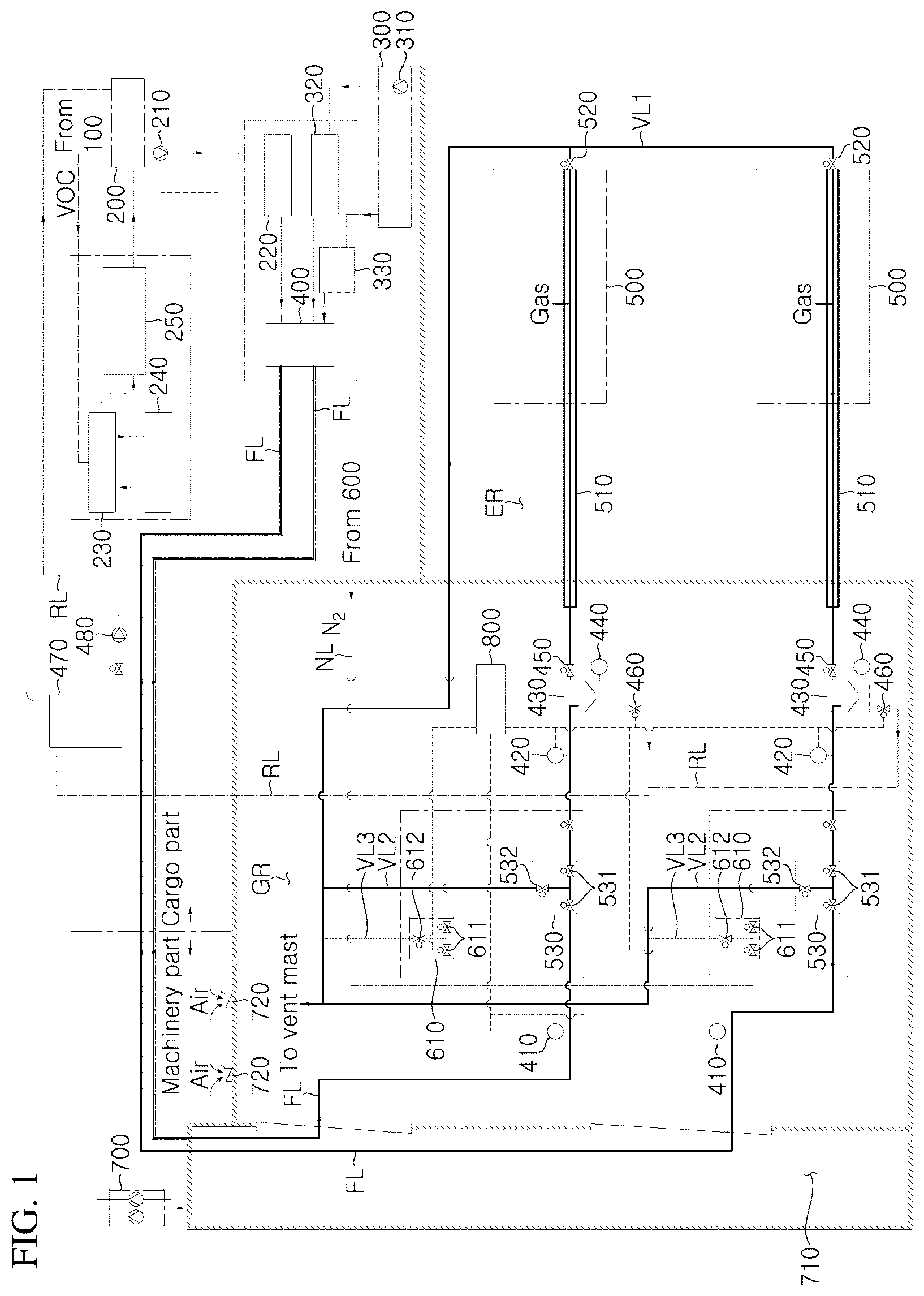 Patent US12297786 Figure 1 – System for supplying VOC as fuel for engine and vessel using VOC as fuel