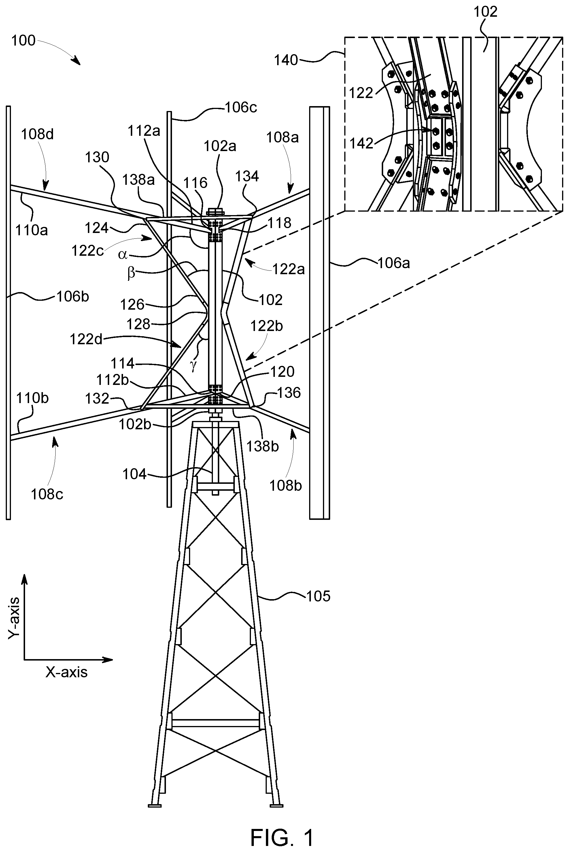 Patent US12297807 Figure 1 – Vertical axis wind turbine with polygonal mast