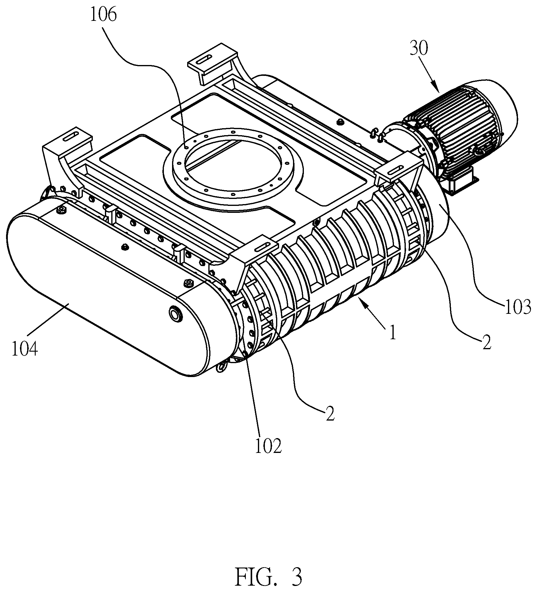 Patent US12297831 Figure 3 – Parallel connected multiple shaft roots vacuum pump