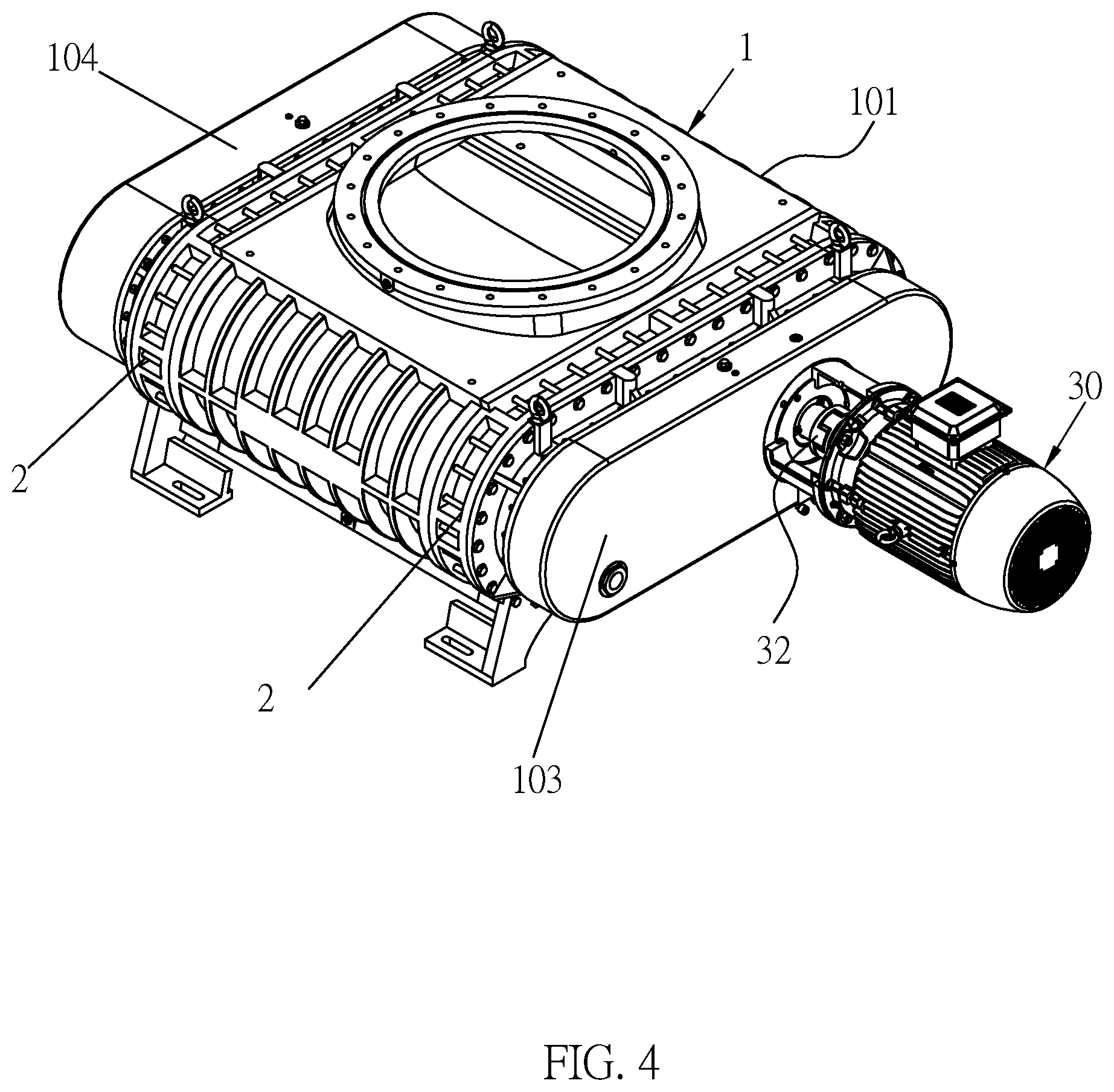 Patent US12297831 Figure 4 – Parallel connected multiple shaft roots vacuum pump