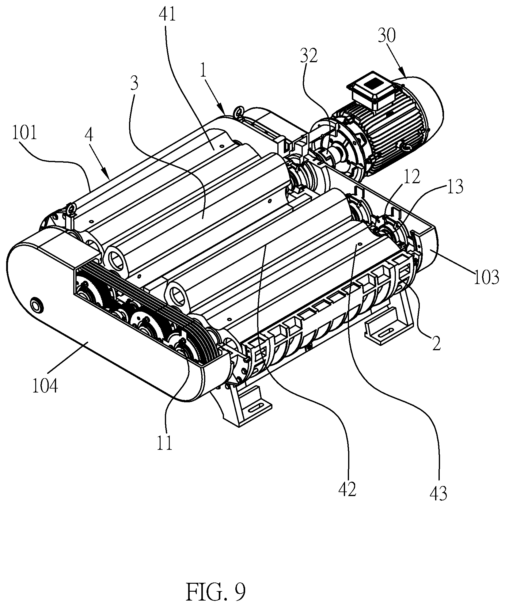 Patent US12297831 Figure 9 – Parallel connected multiple shaft roots vacuum pump