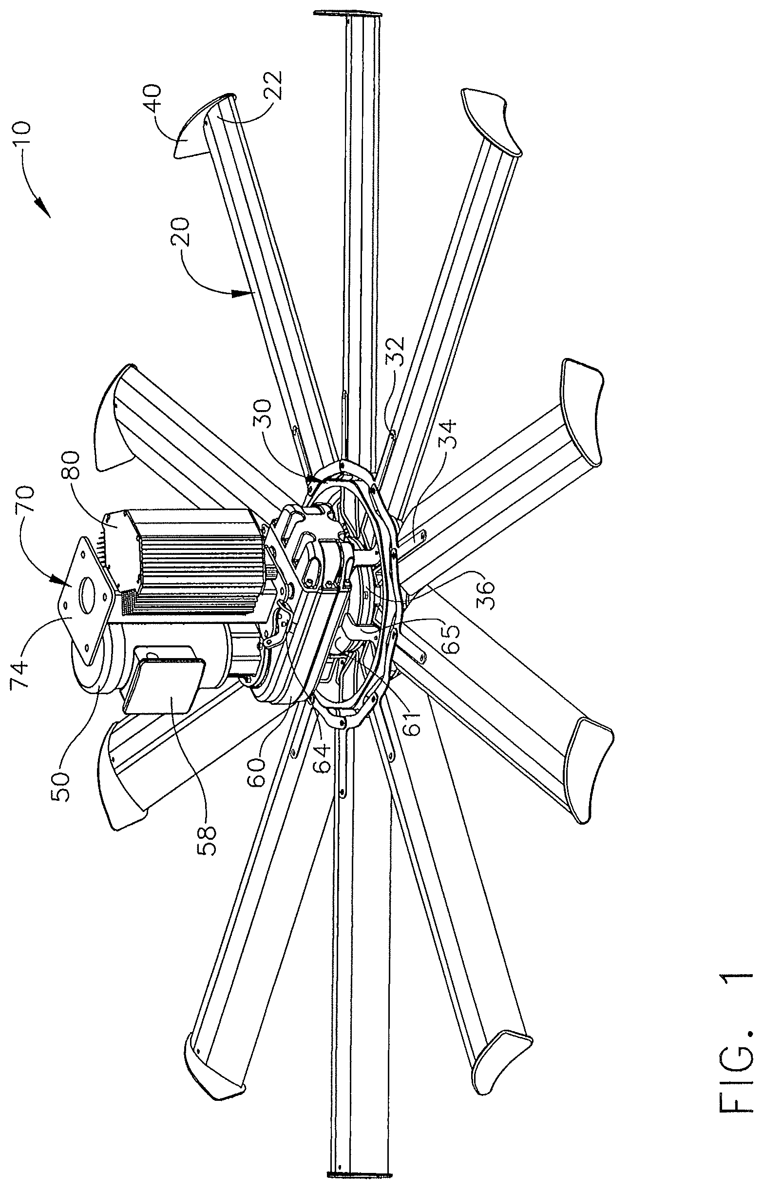 Patent US12297839 Figure 1 – Ceiling fan with concentric stationary tube and power-down features