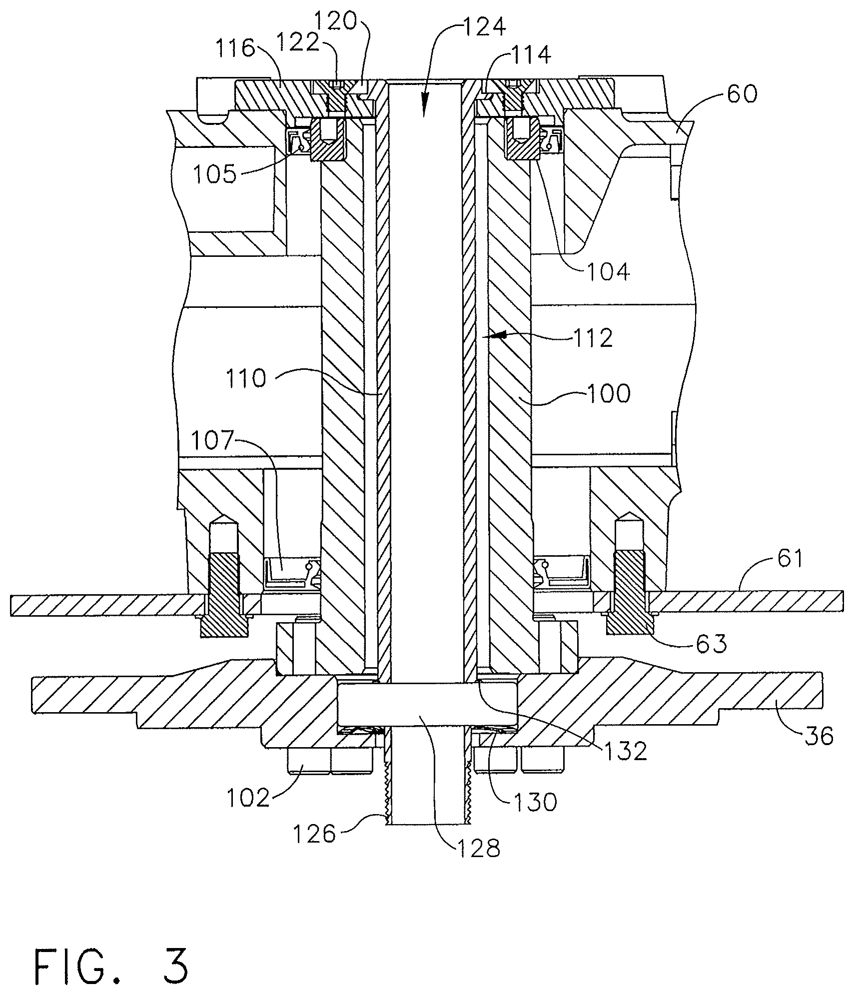 Patent US12297839 Figure 3 – Ceiling fan with concentric stationary tube and power-down features