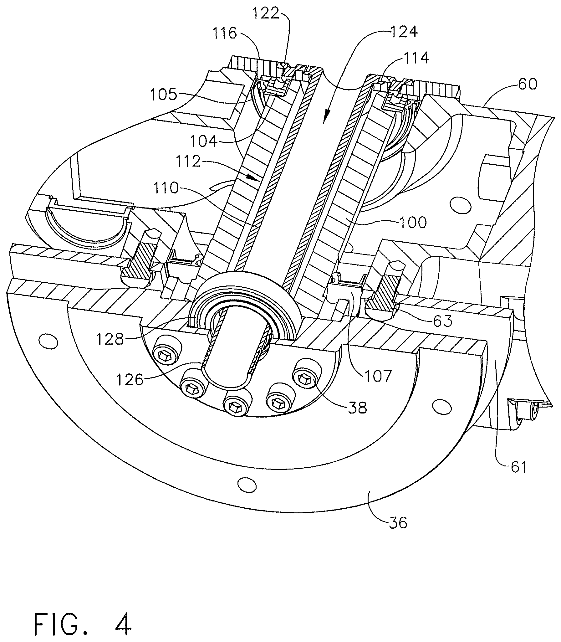 Patent US12297839 Figure 4 – Ceiling fan with concentric stationary tube and power-down features