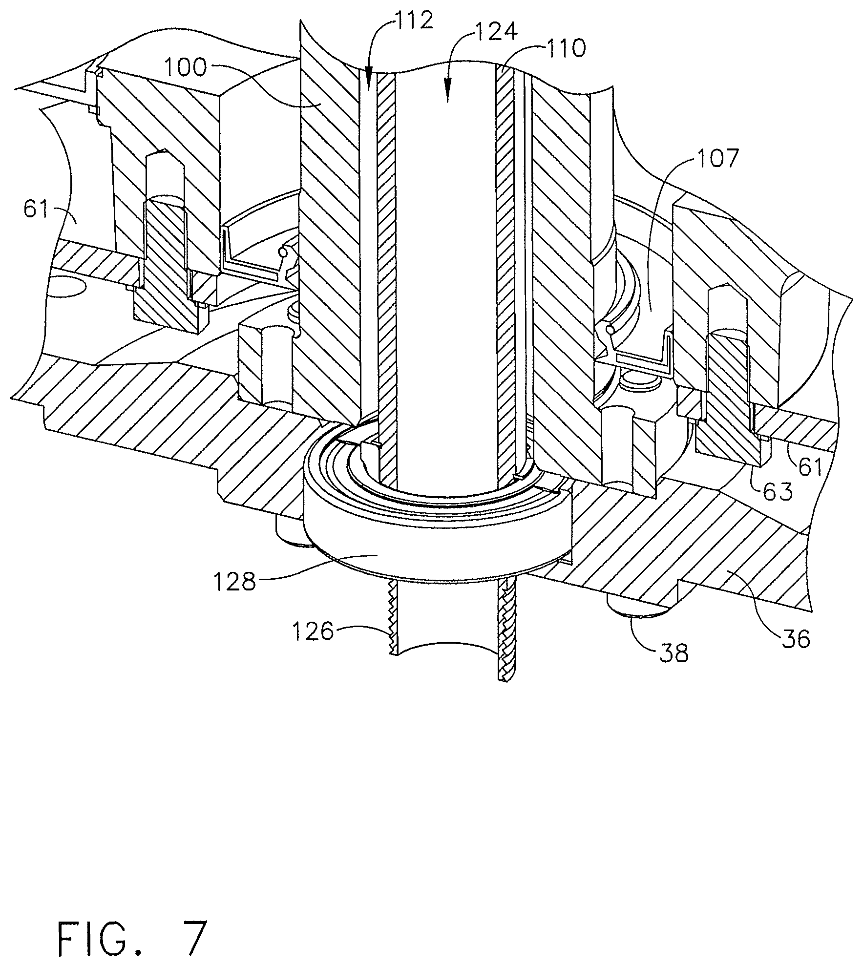 Patent US12297839 Figure 7 – Ceiling fan with concentric stationary tube and power-down features