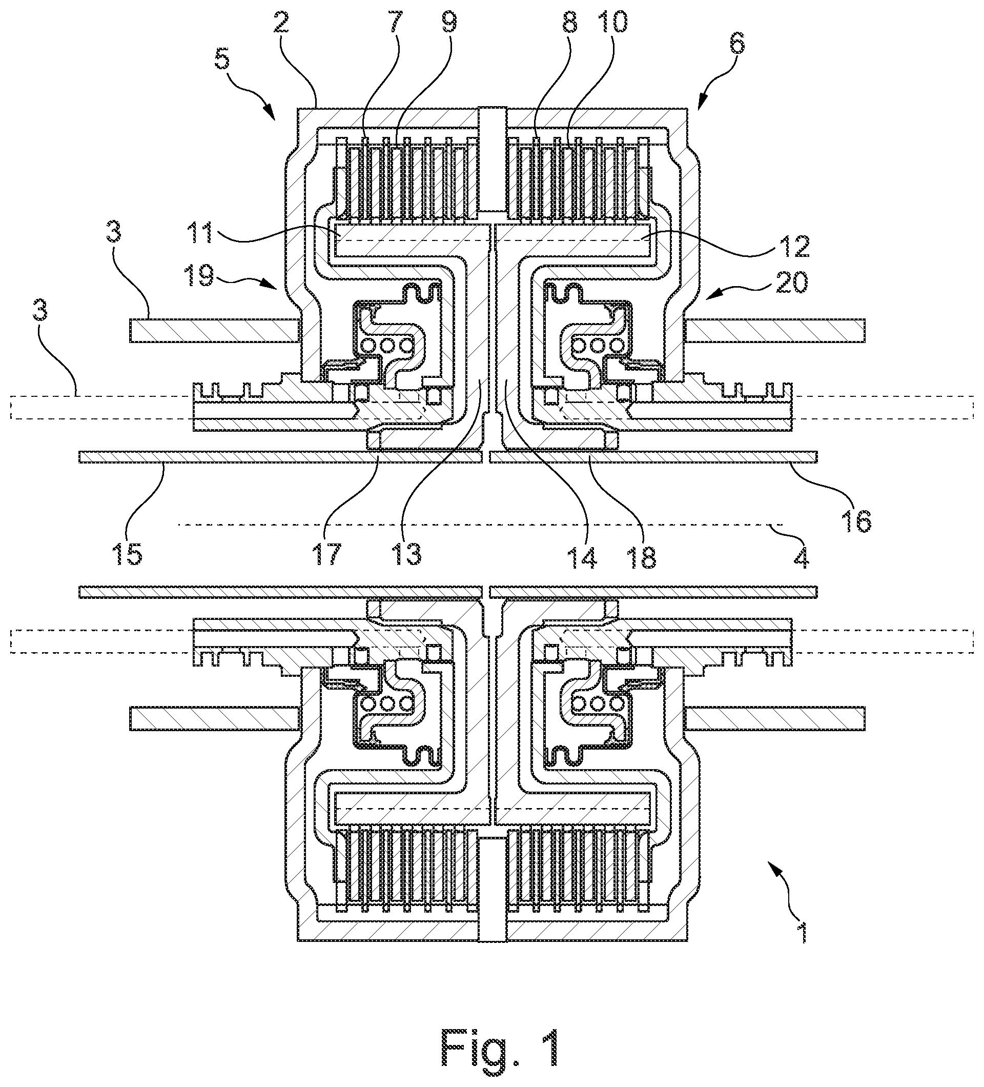 Patent US12297873 — Torque-distribution device for a motor vehicle comprising two pressure-medium-actuated clutches having double pistons, and method for operating the torque-distribution device — Figure 1