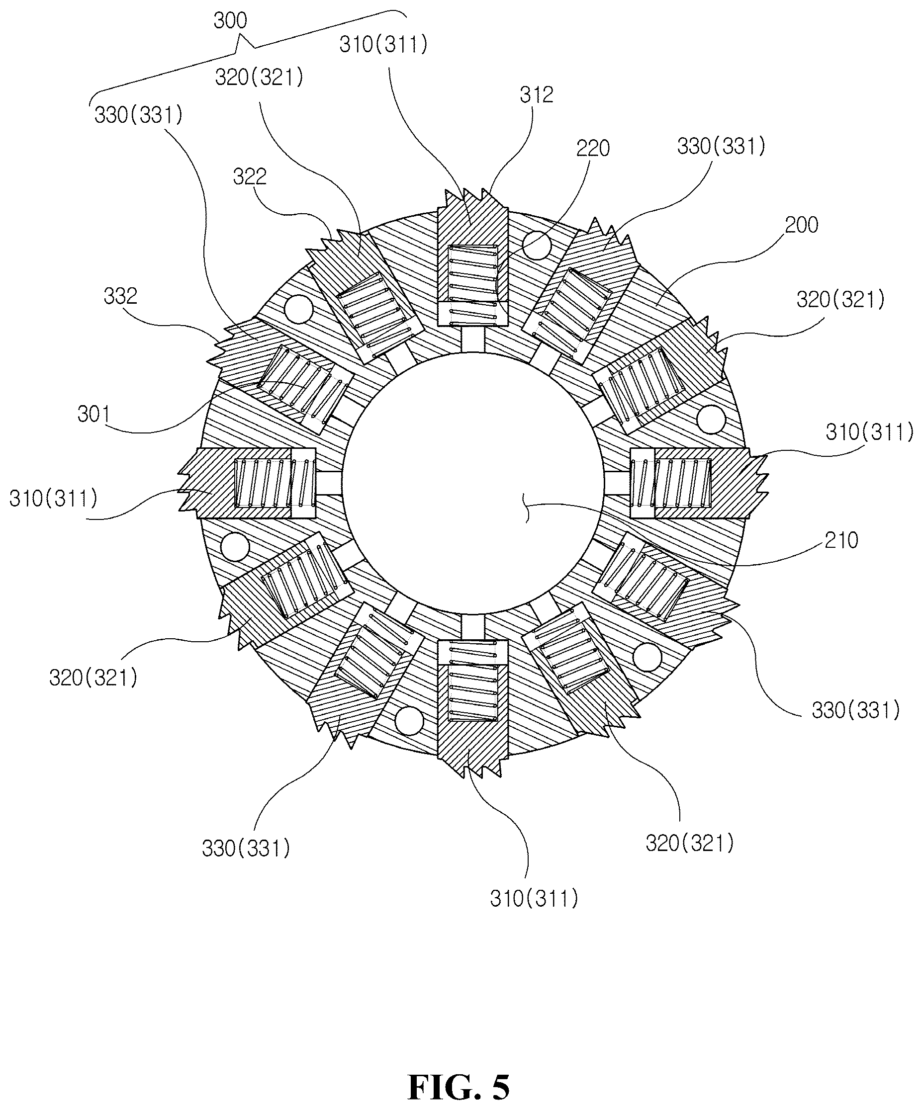 Patent US12297876 Figure 5 – Impact-resistant multi-angle bundle pawl backstop ratchet ring