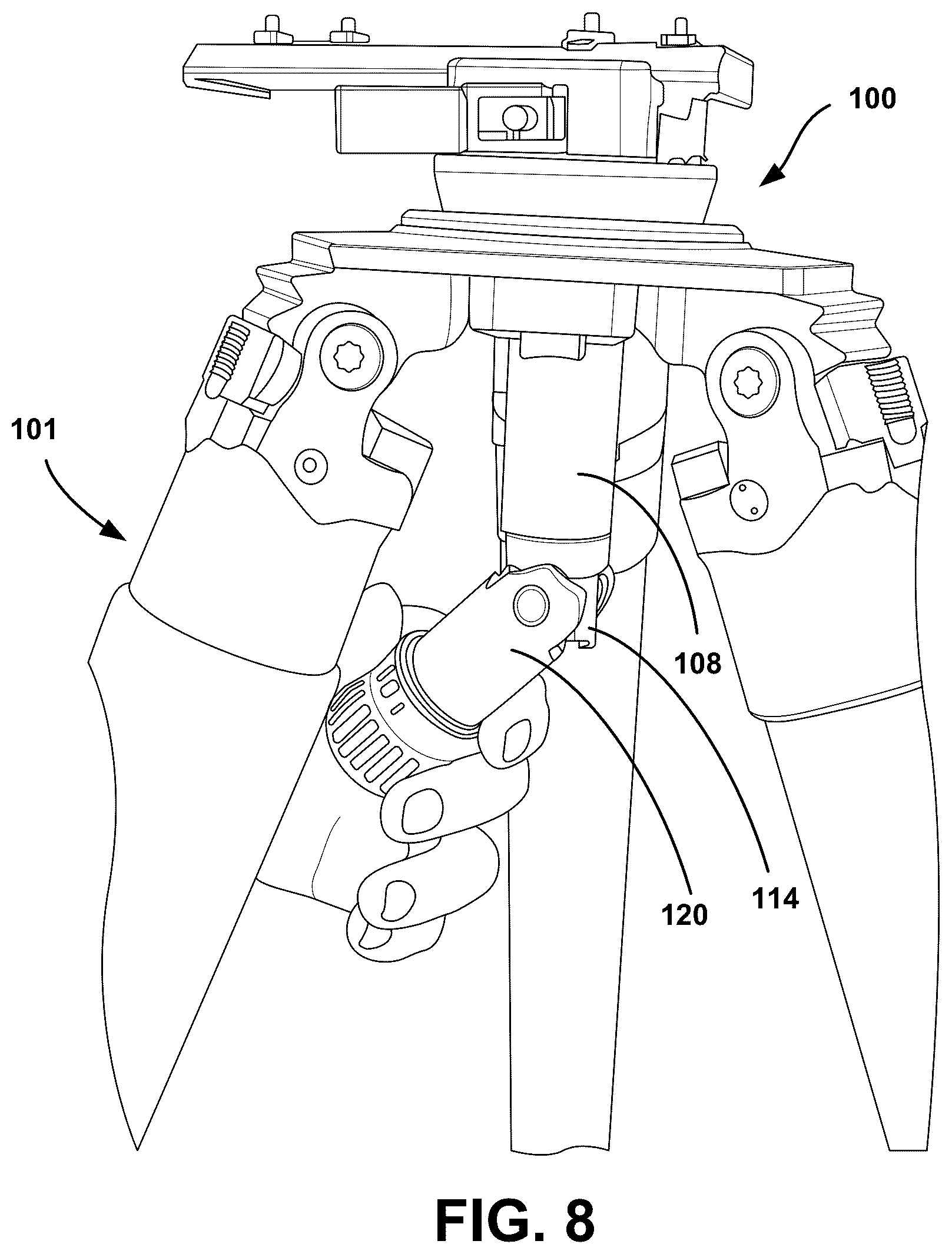 Patent US12297953 Figure 8 – Adjustable clamping device and leveling base with multidirectional adjustment