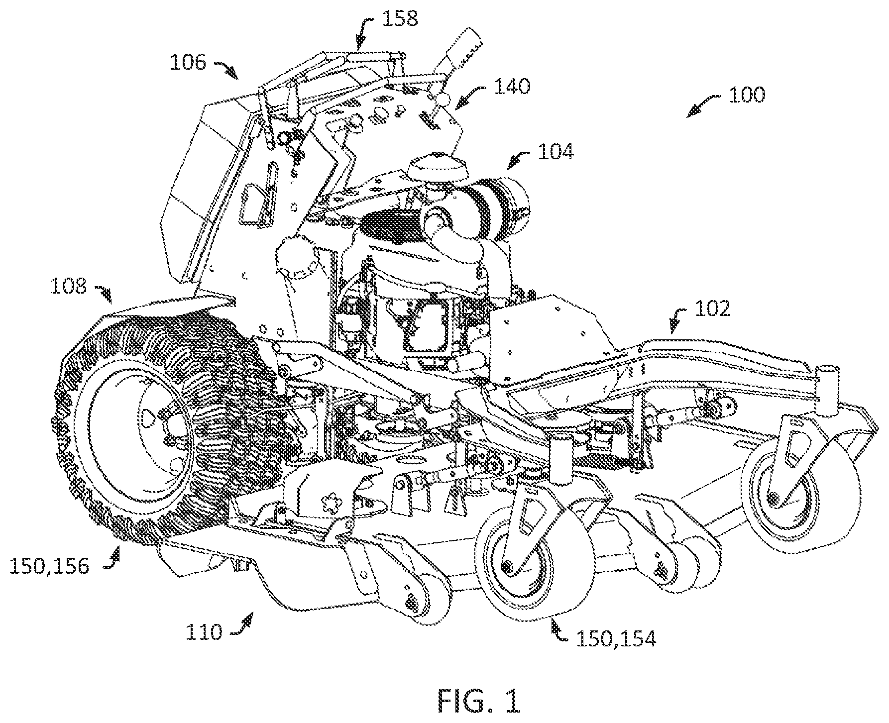 Patent US12302784 Figure 1 – Stand-on mower intermediate pulley system