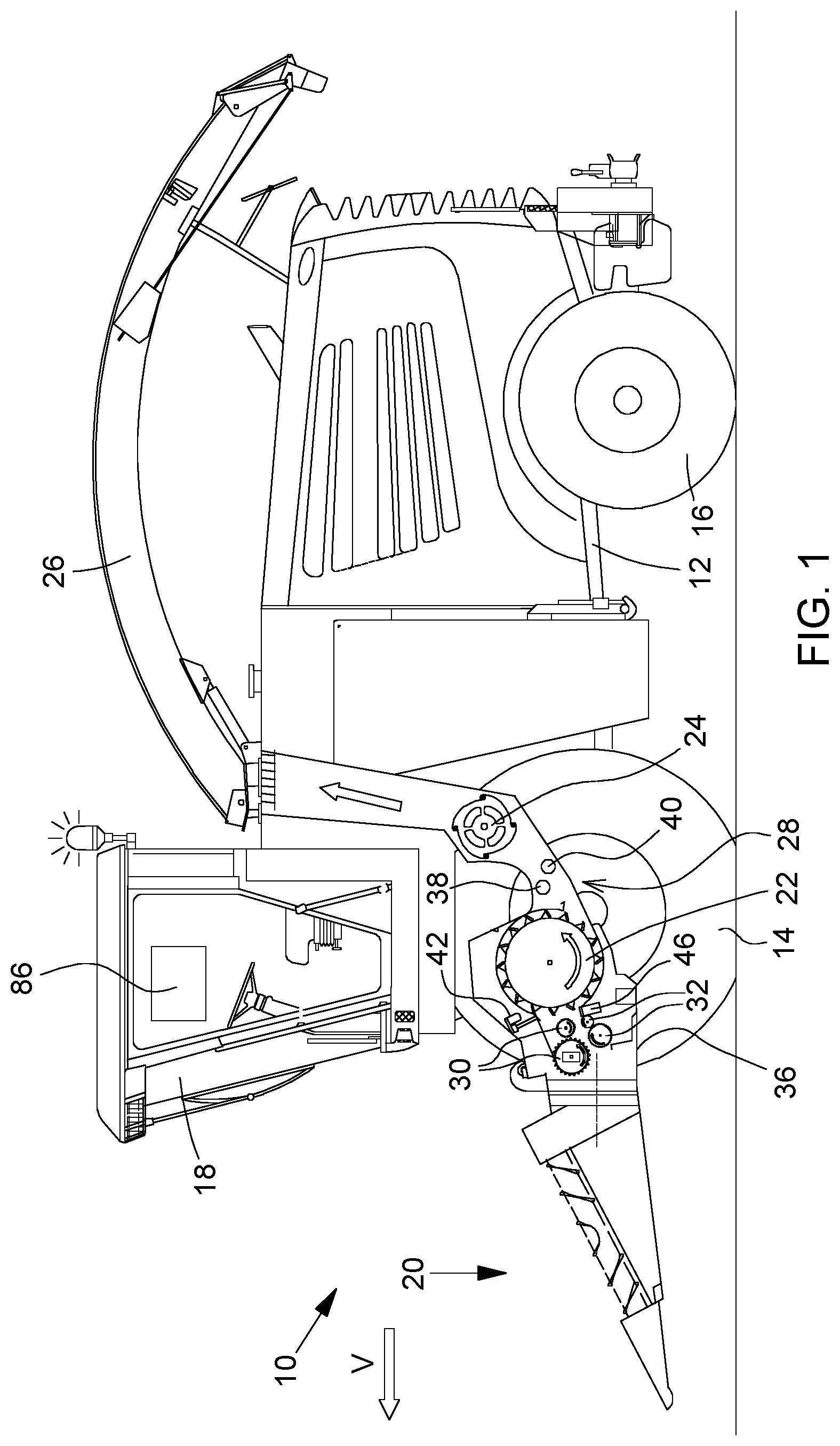 Patent US12302792 Figure 1 – Drive arrangement of a conditioning apparatus of a forage harvester having an electrical drive train