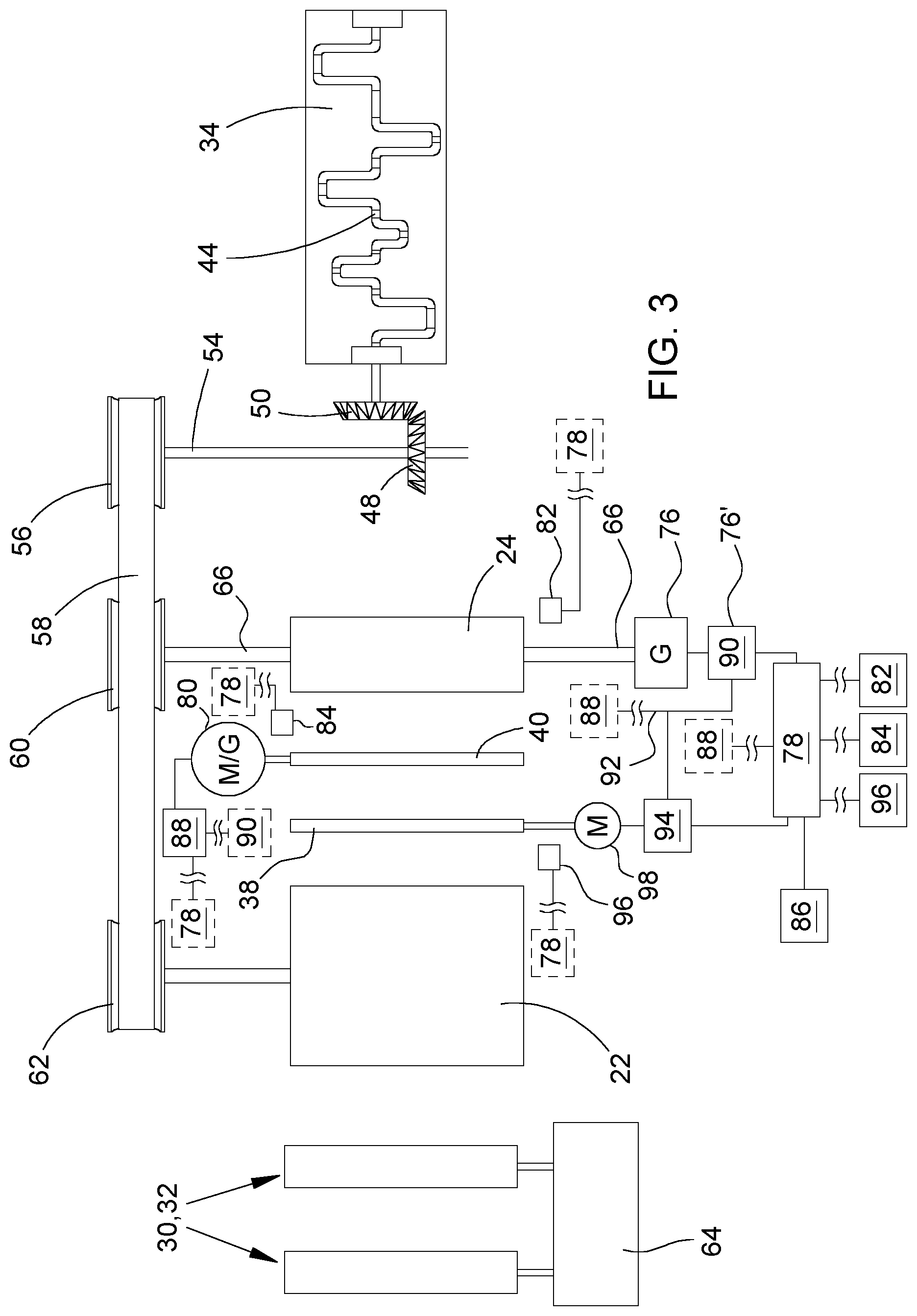Patent US12302792 Figure 3 – Drive arrangement of a conditioning apparatus of a forage harvester having an electrical drive train