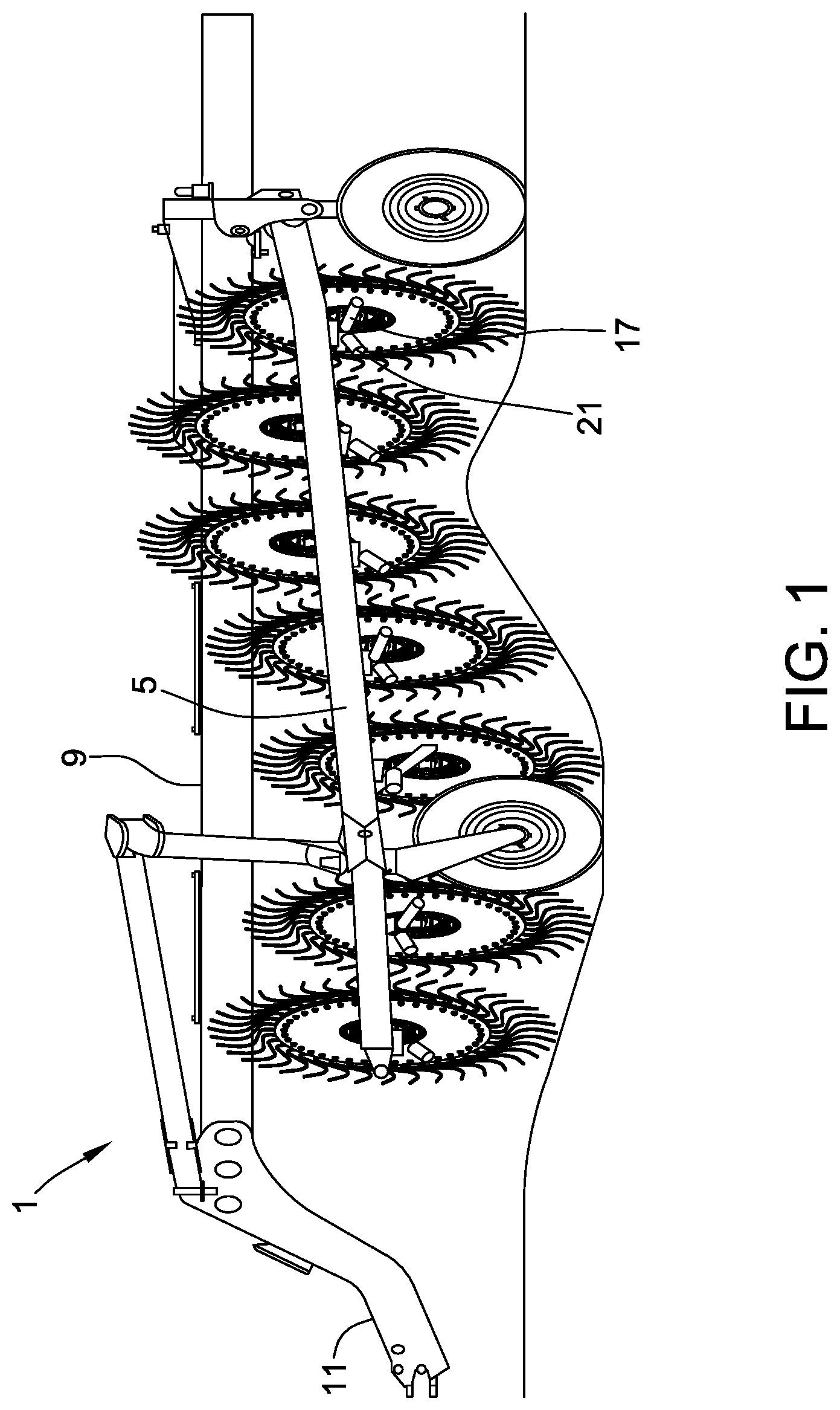 Patent US12302794 Figure 1 – Rake wheels for gathering crop material