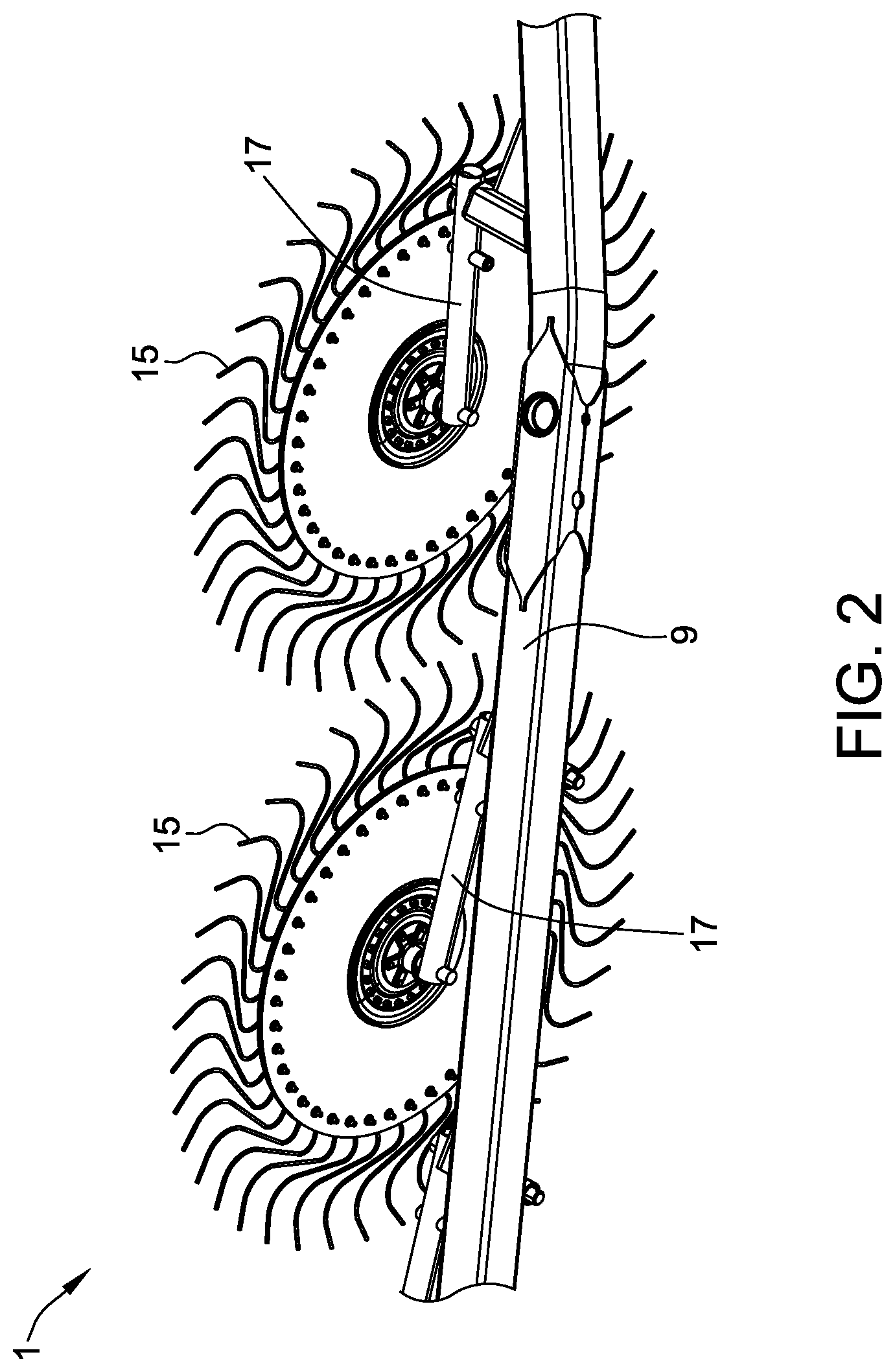 Patent US12302794 Figure 2 – Rake wheels for gathering crop material