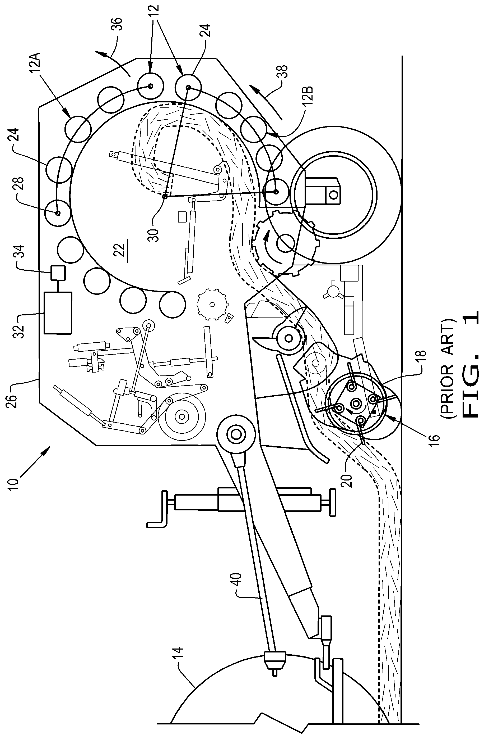 Patent US12302796 Figure 1 – Draper pickup with crop distribution for agricultural baler