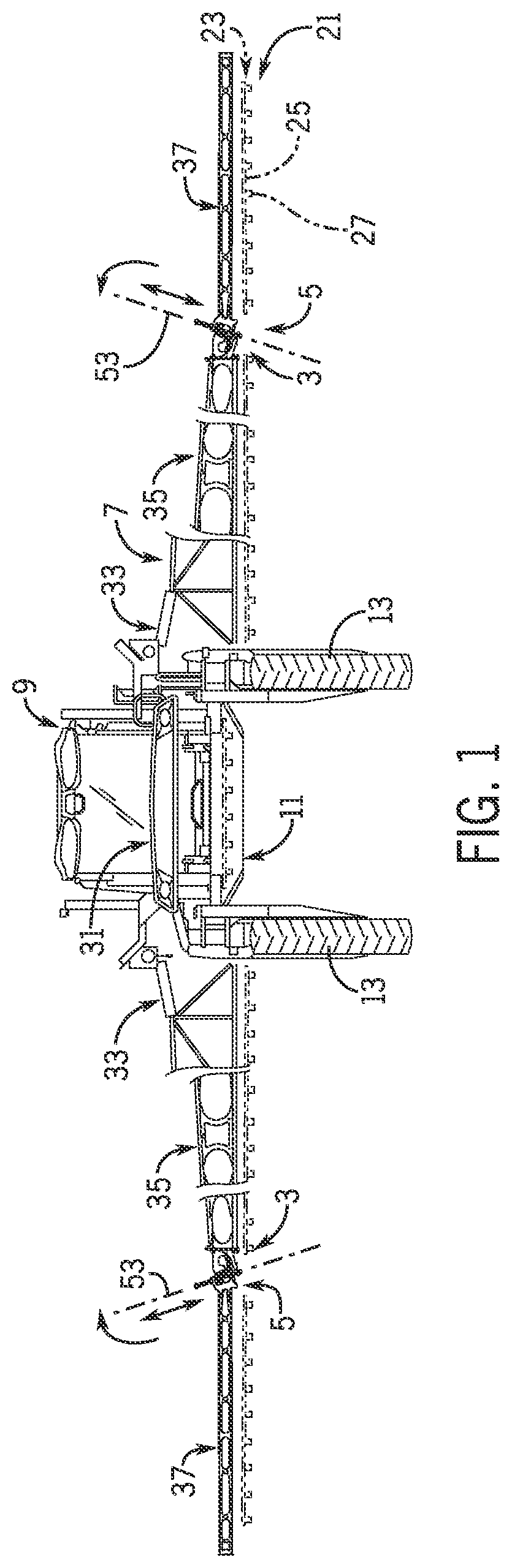 Patent US12302893 Figure 1 – Sprayer boom breakaway joint with a staged release and forced lift system