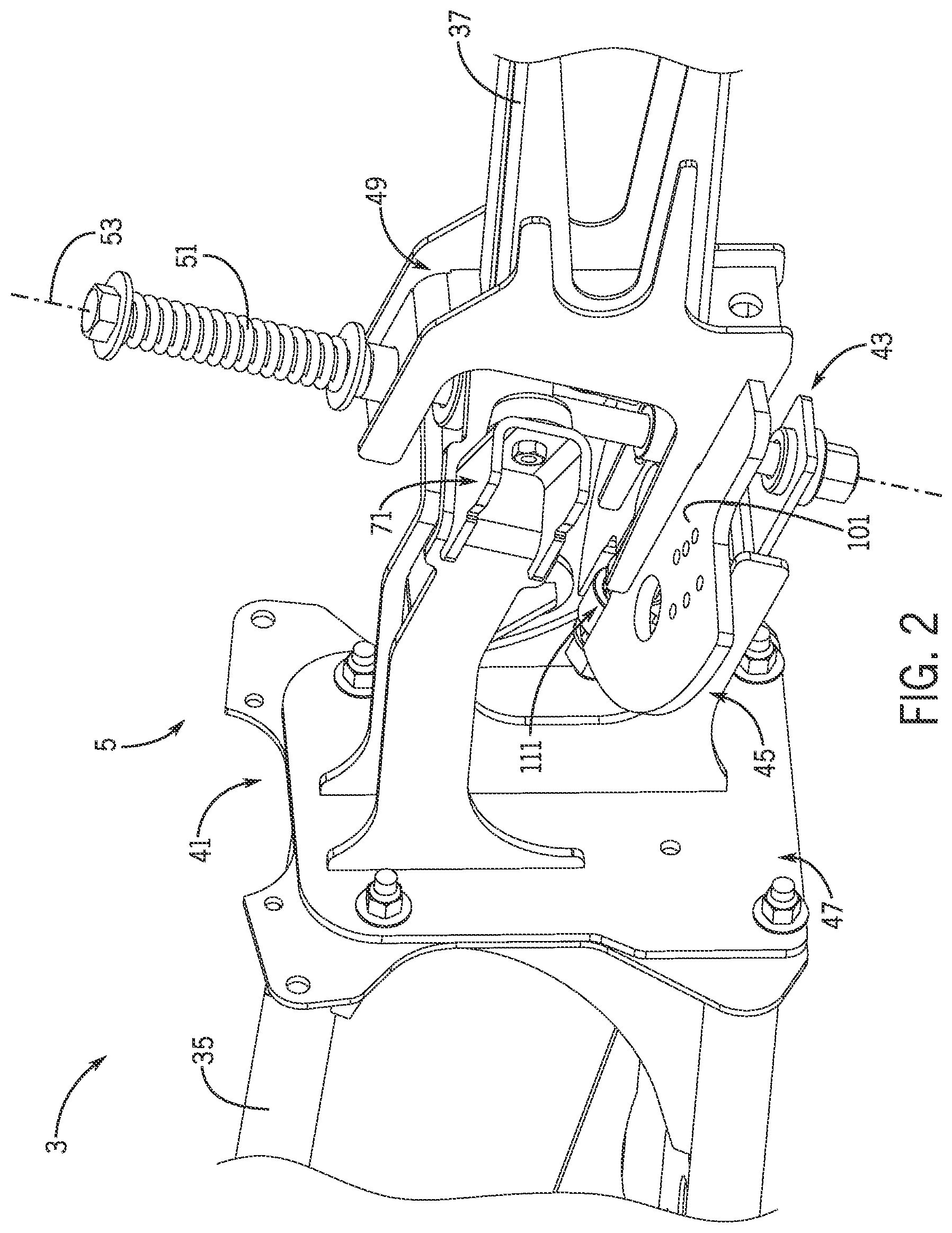 Patent US12302893 Figure 2 – Sprayer boom breakaway joint with a staged release and forced lift system