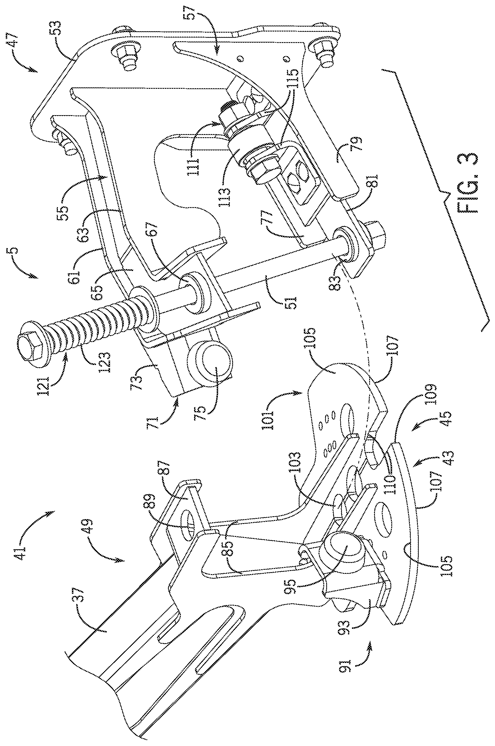 Patent US12302893 Figure 3 – Sprayer boom breakaway joint with a staged release and forced lift system